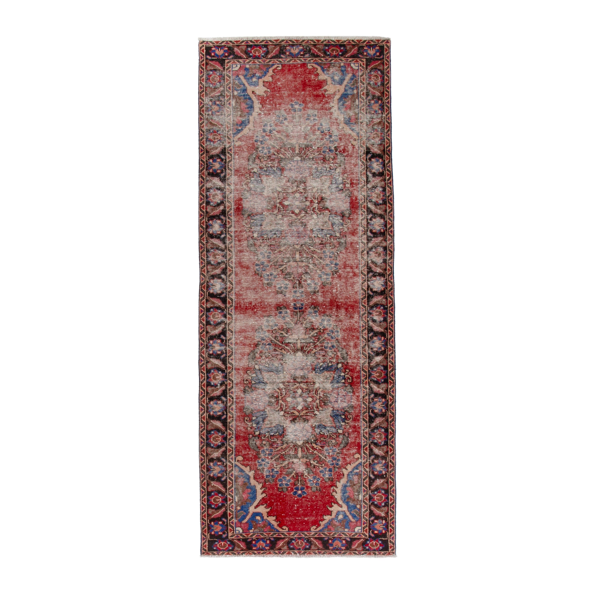 Persian Hamedan runner rug in faded red and dark brown, 3'7" x 10'