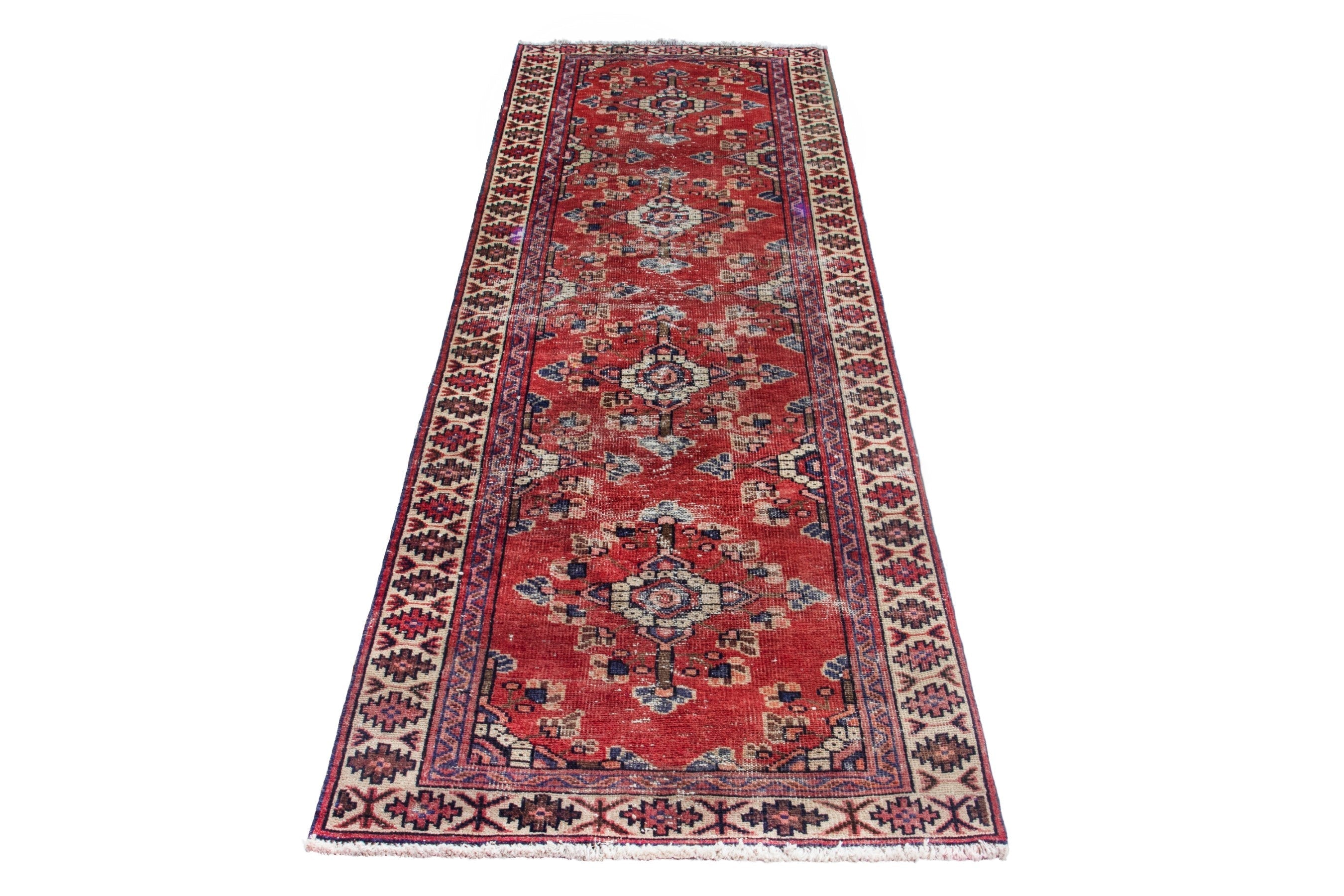 Persian Hamedan runner rug in deep red and cream, view 3 of 19