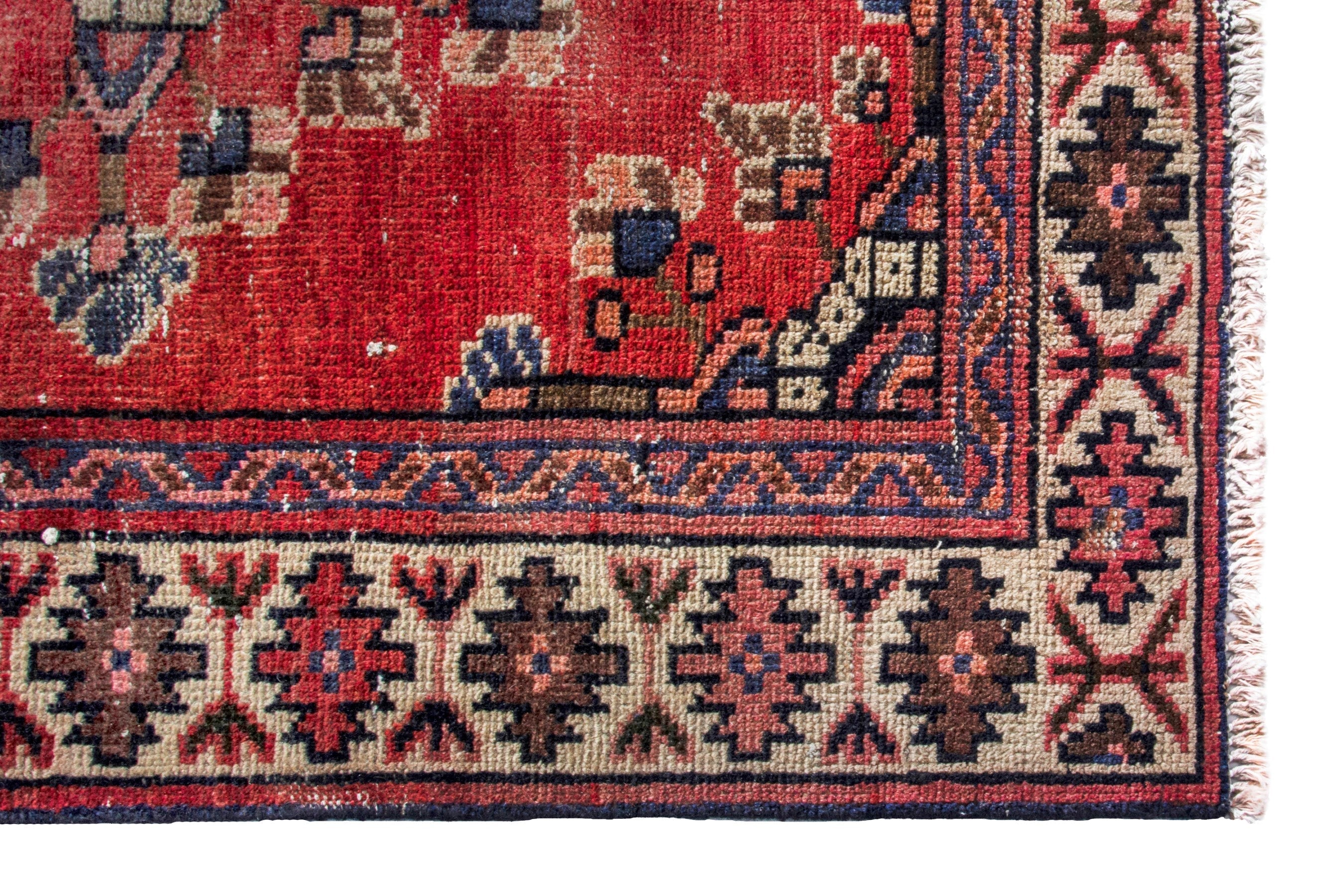 Persian Hamedan runner rug in deep red and cream, view 5 of 19