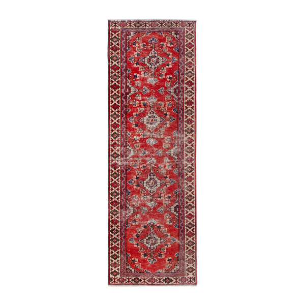 Persian Hamedan runner rug in deep red and cream, 3'3" x 10'