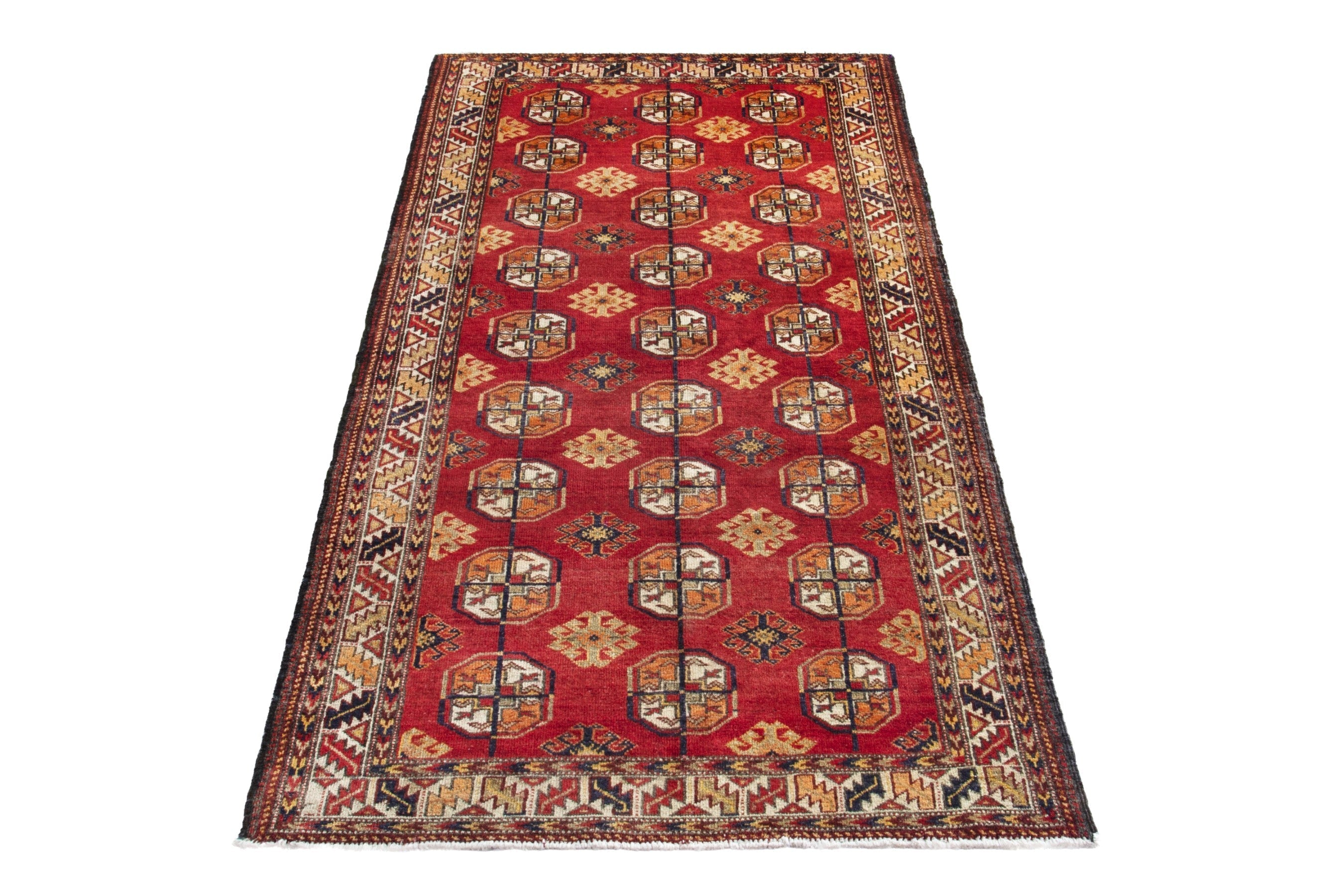 Persian Baluch runner rug in deep red and cream, view 2 of 17