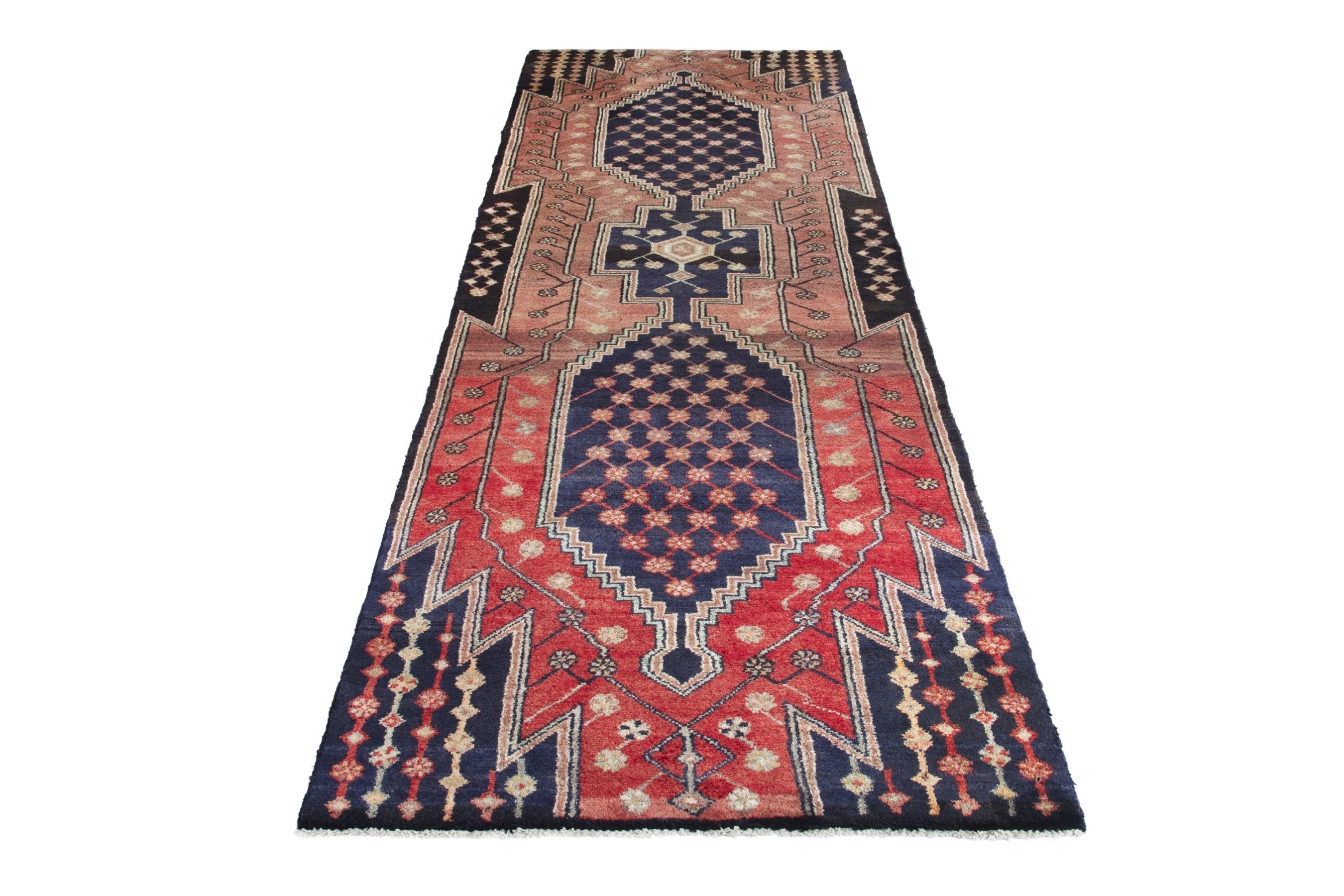 Persian Hamedan runner rug in deep red and navy, view 2 of 17