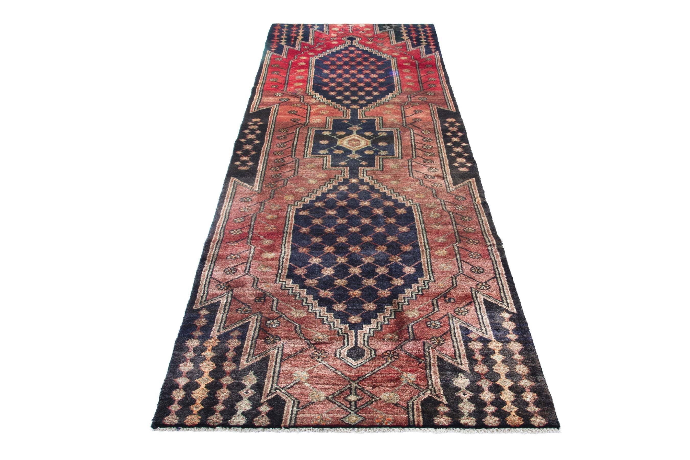 Persian Hamedan runner rug in deep red and navy, view 3 of 17