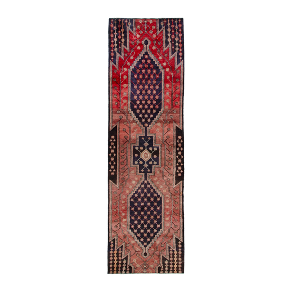 Persian Hamadan runner rug in deep red and navy, 3'1" x 10'7"
