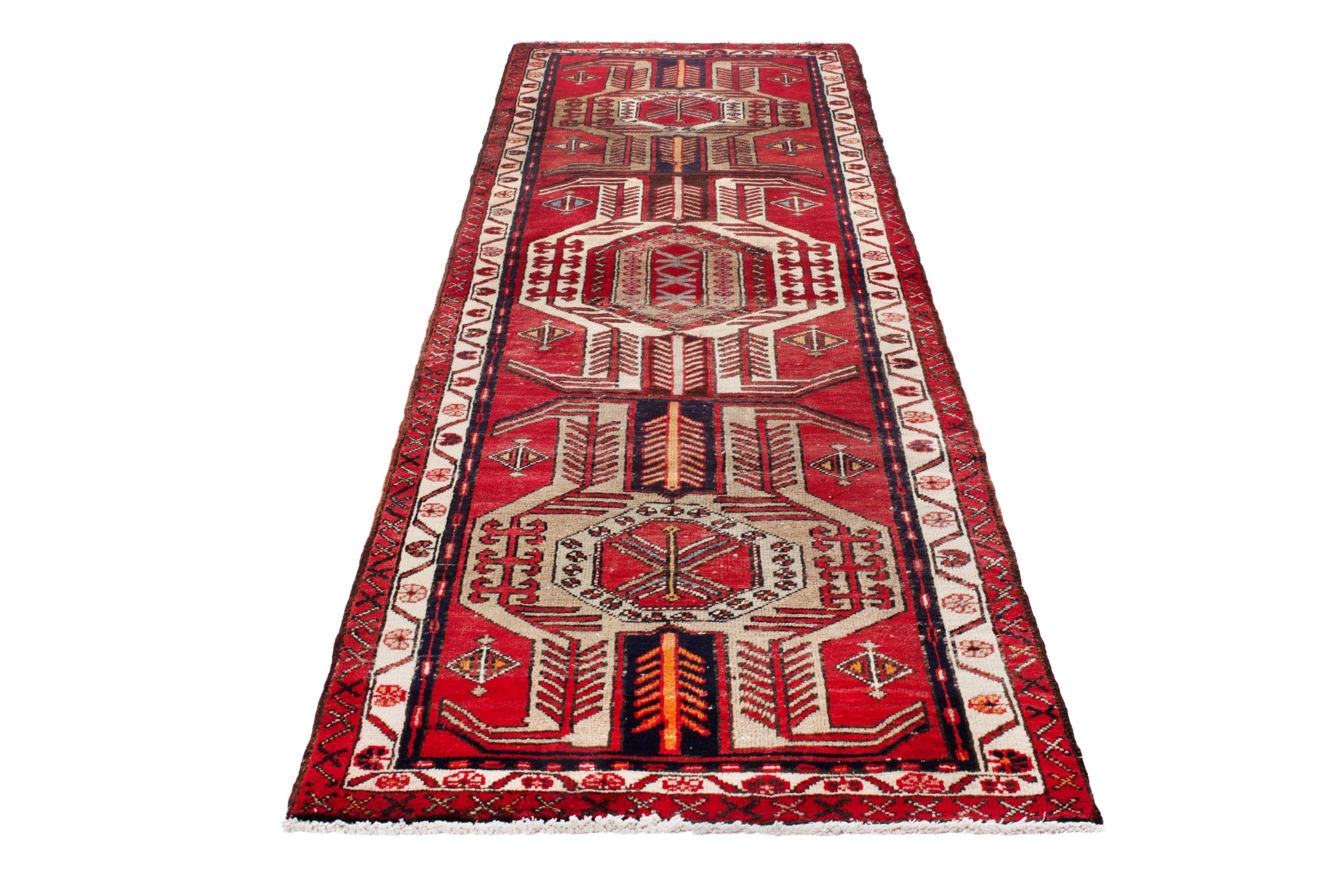 Persian Azerbaijan runner rug in deep red and cream, view 3 of 19