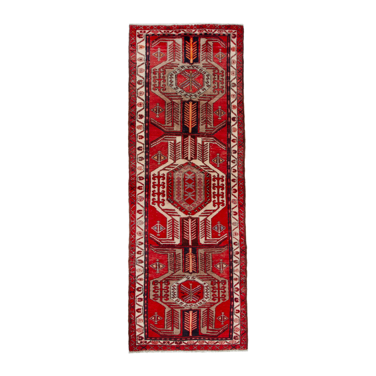 Persian Azerbaijan runner rug in deep red and cream, 3'3" x 9'11"