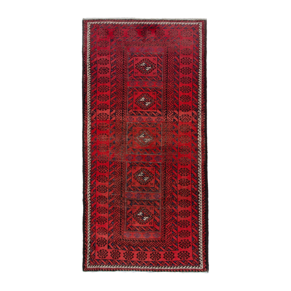 Persian Baluch runner rug in deep red and burgundy, 3'5" x 7'9"
