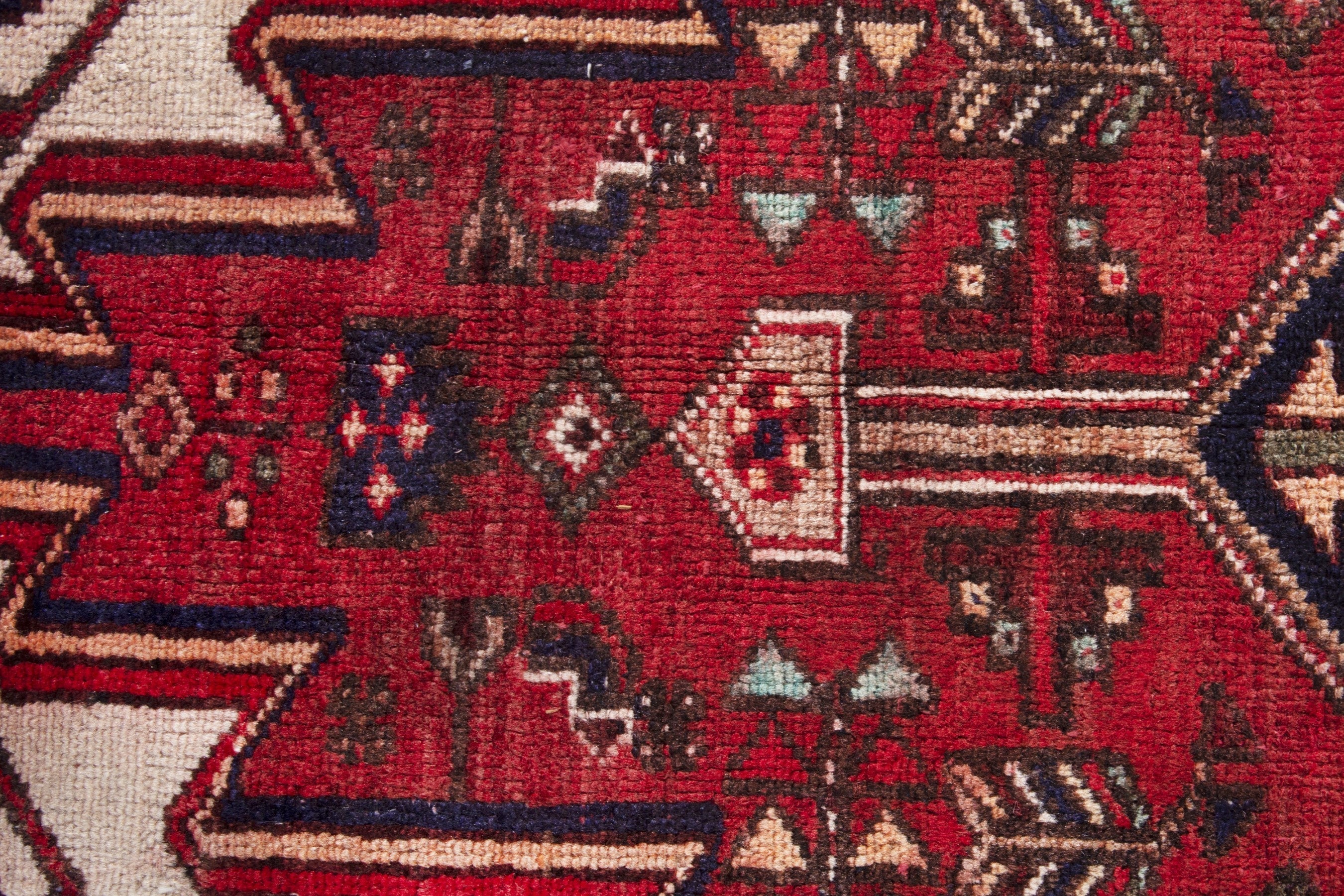 Persian Hamedan accent rug in deep red and off-white, view 13 of 19