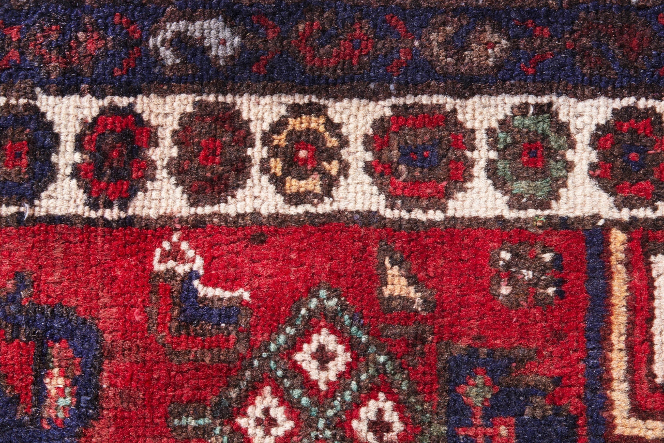 Persian Hamedan accent rug in deep red and off-white, view 15 of 19