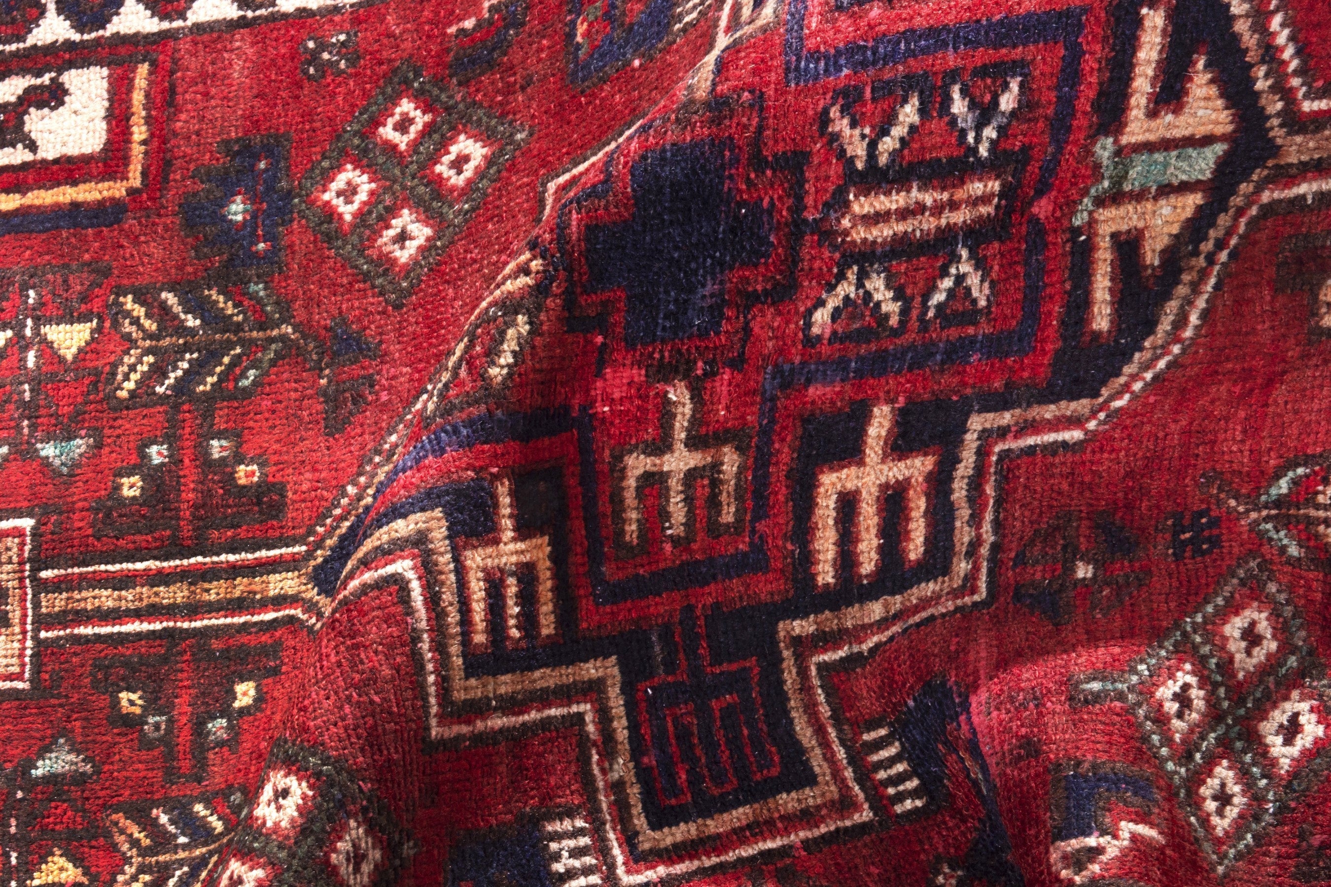 Persian Hamedan accent rug in deep red and off-white, view 16 of 19