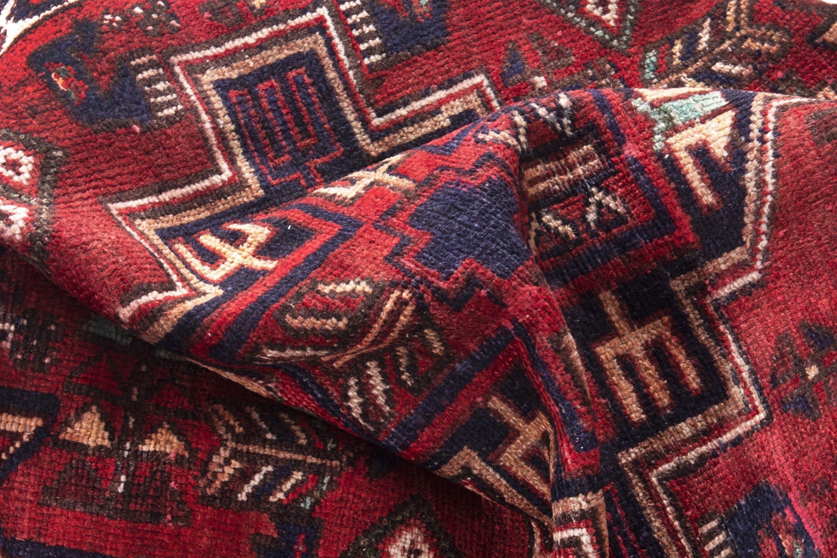 Persian Hamedan accent rug in deep red and off-white, view 17 of 19