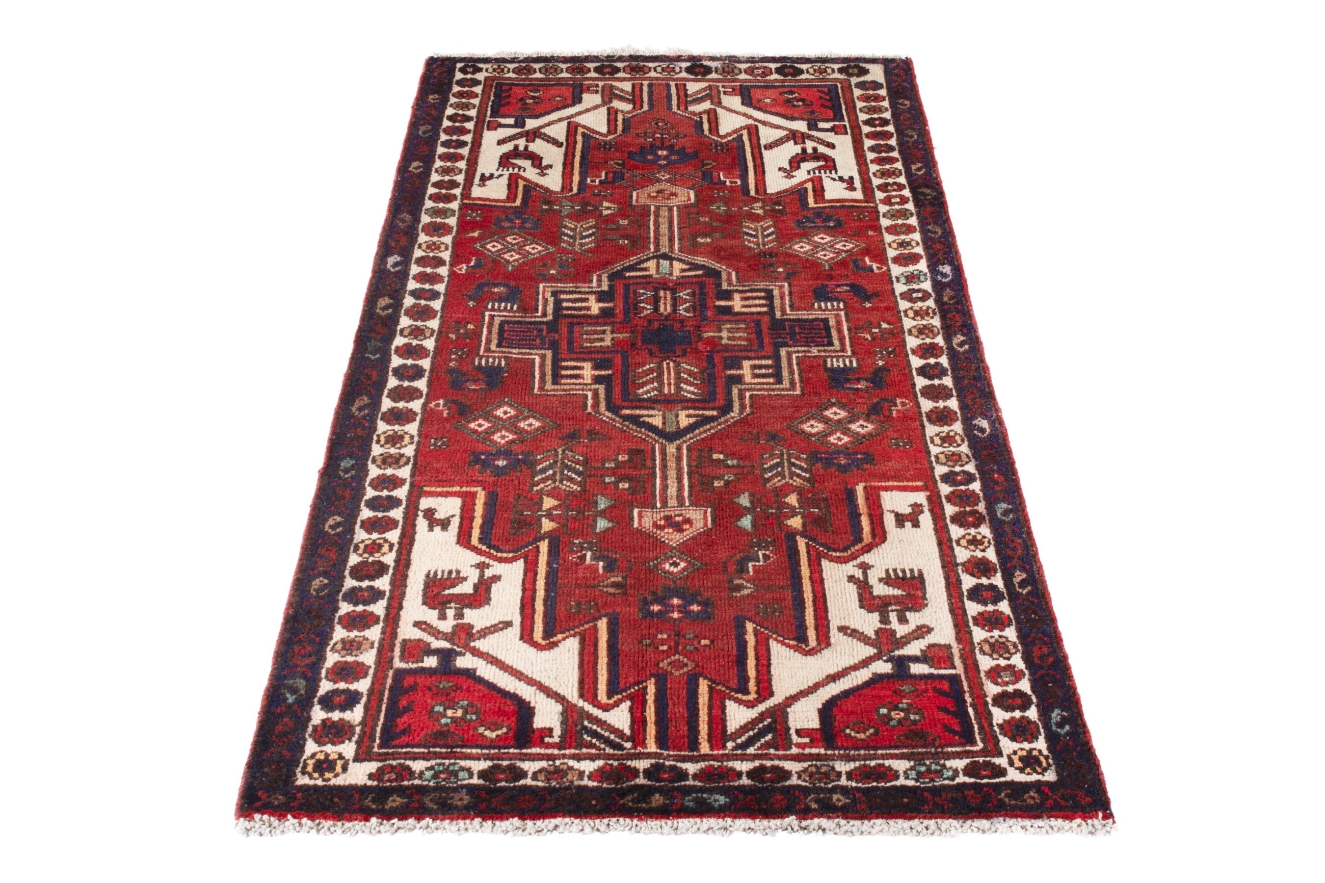 Persian Hamedan accent rug in deep red and off-white, view 2 of 19