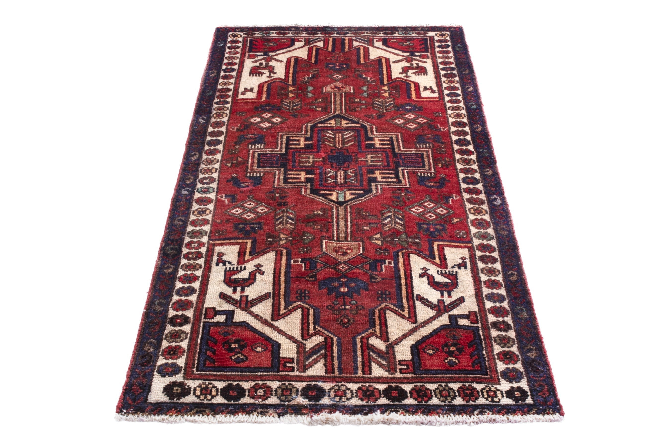 Persian Hamedan accent rug in deep red and off-white, view 3 of 19
