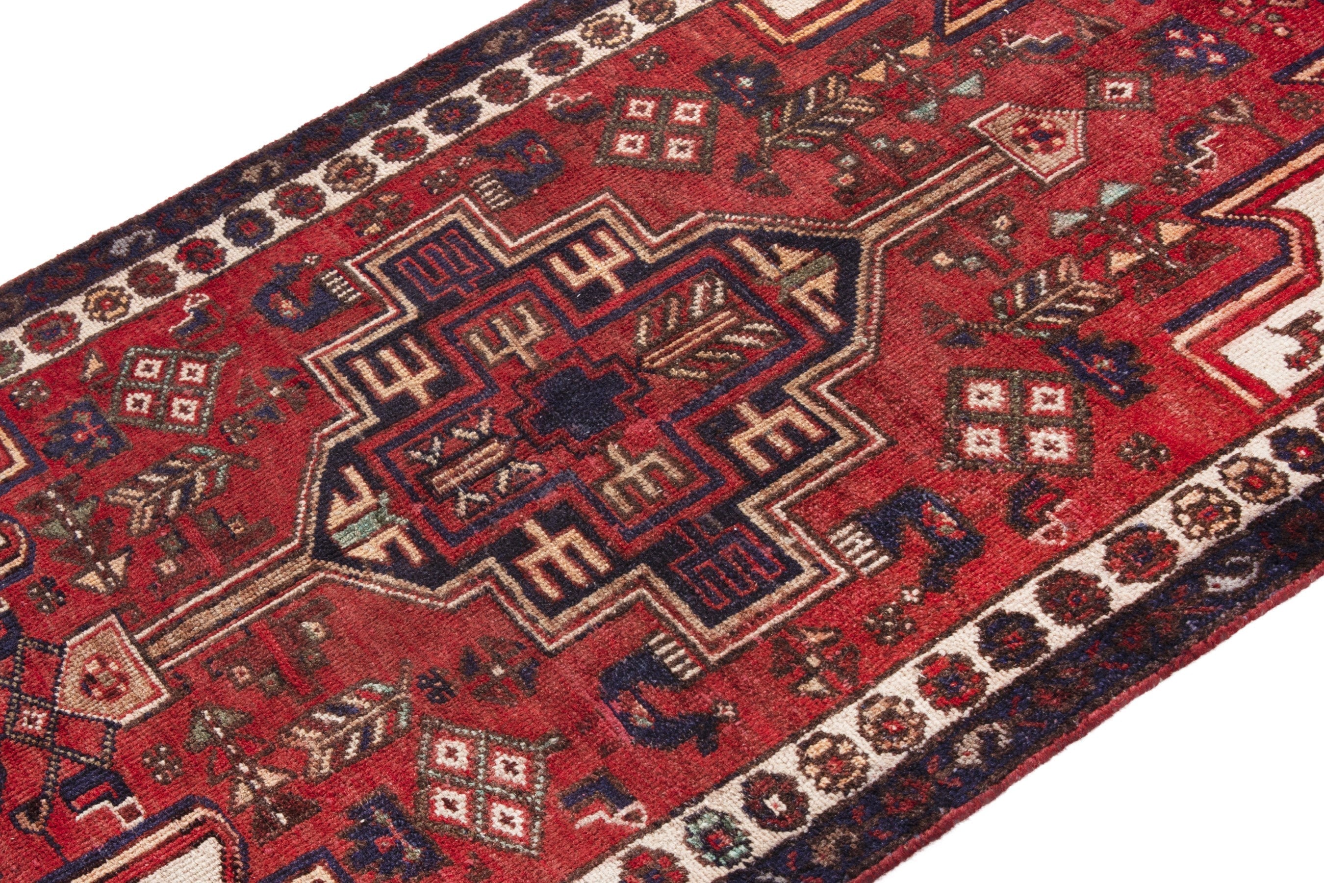 Persian Hamedan accent rug in deep red and off-white, view 6 of 19
