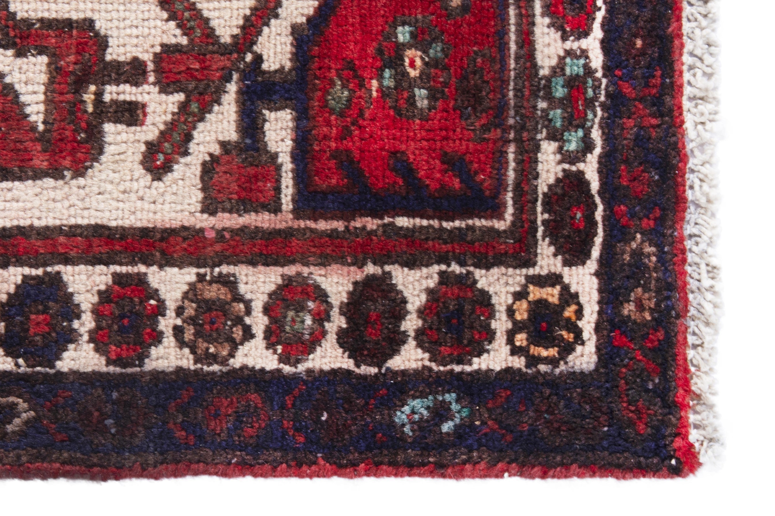 Persian Hamedan accent rug in deep red and off-white, view 5 of 19
