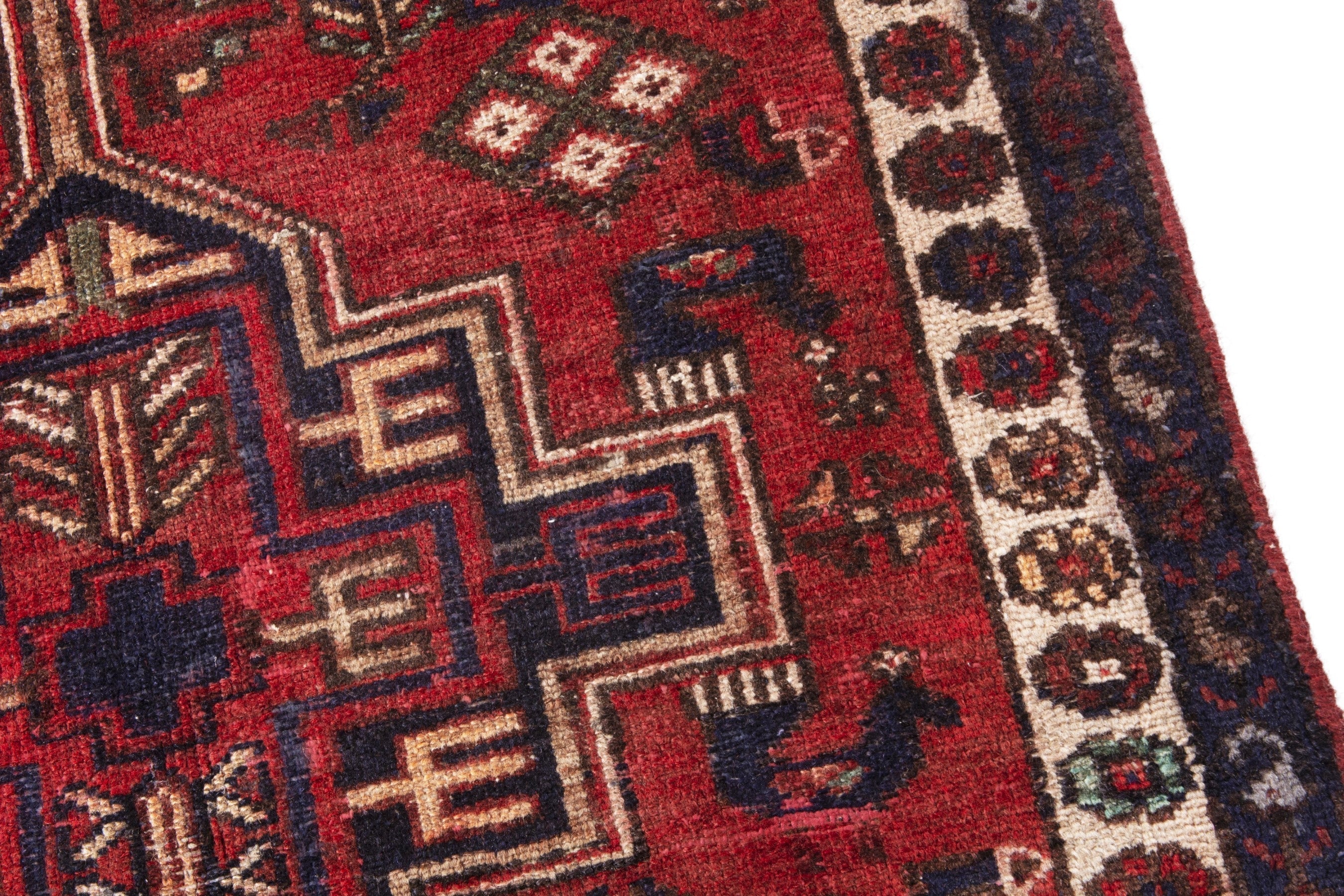 Persian Hamedan accent rug in deep red and off-white, view 7 of 19