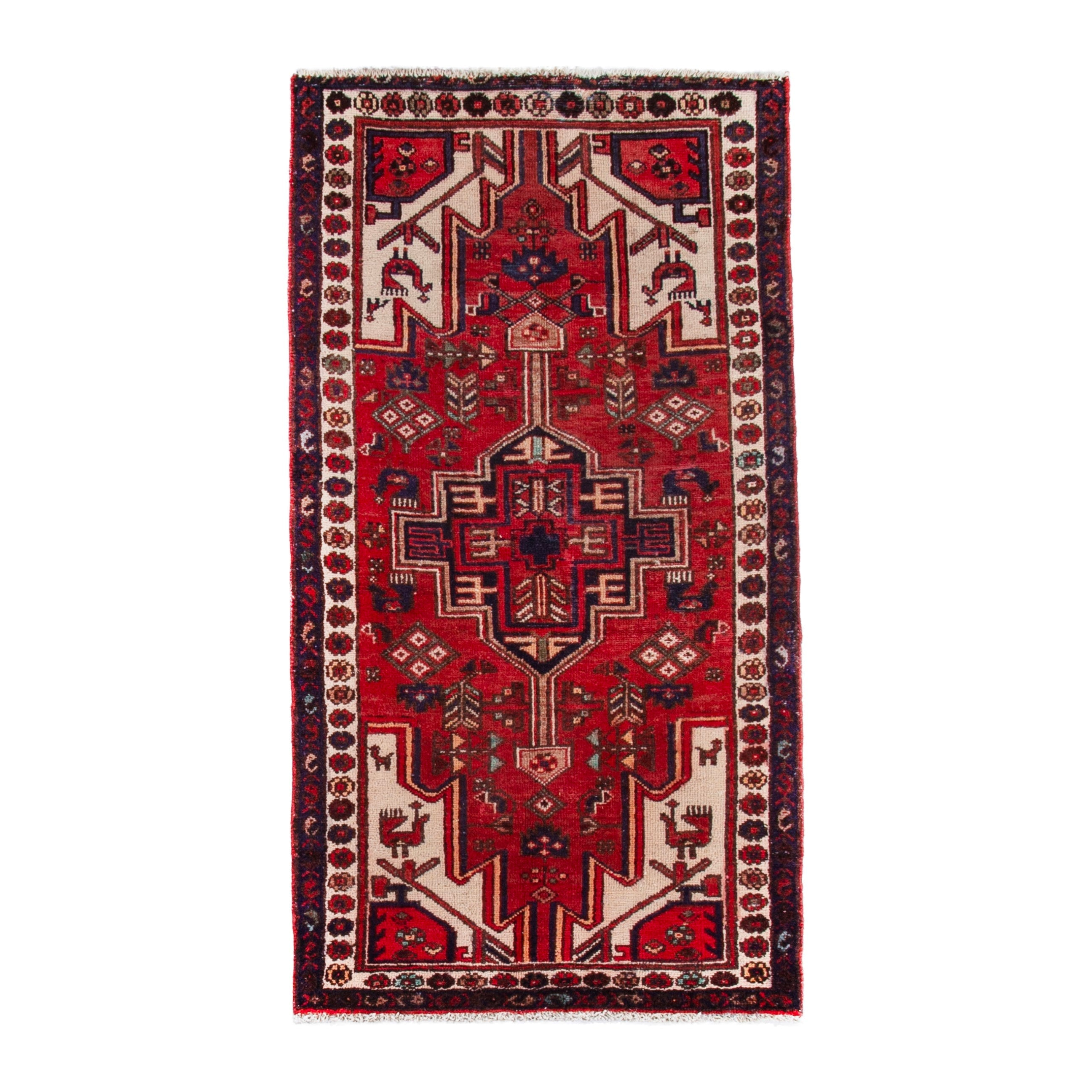 Persian Hamedan accent rug in deep red and off-white, 3'2" x 6'2"