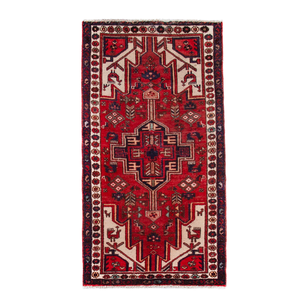 Persian Hamedan accent rug in deep red and off-white, 3'2" x 6'2"