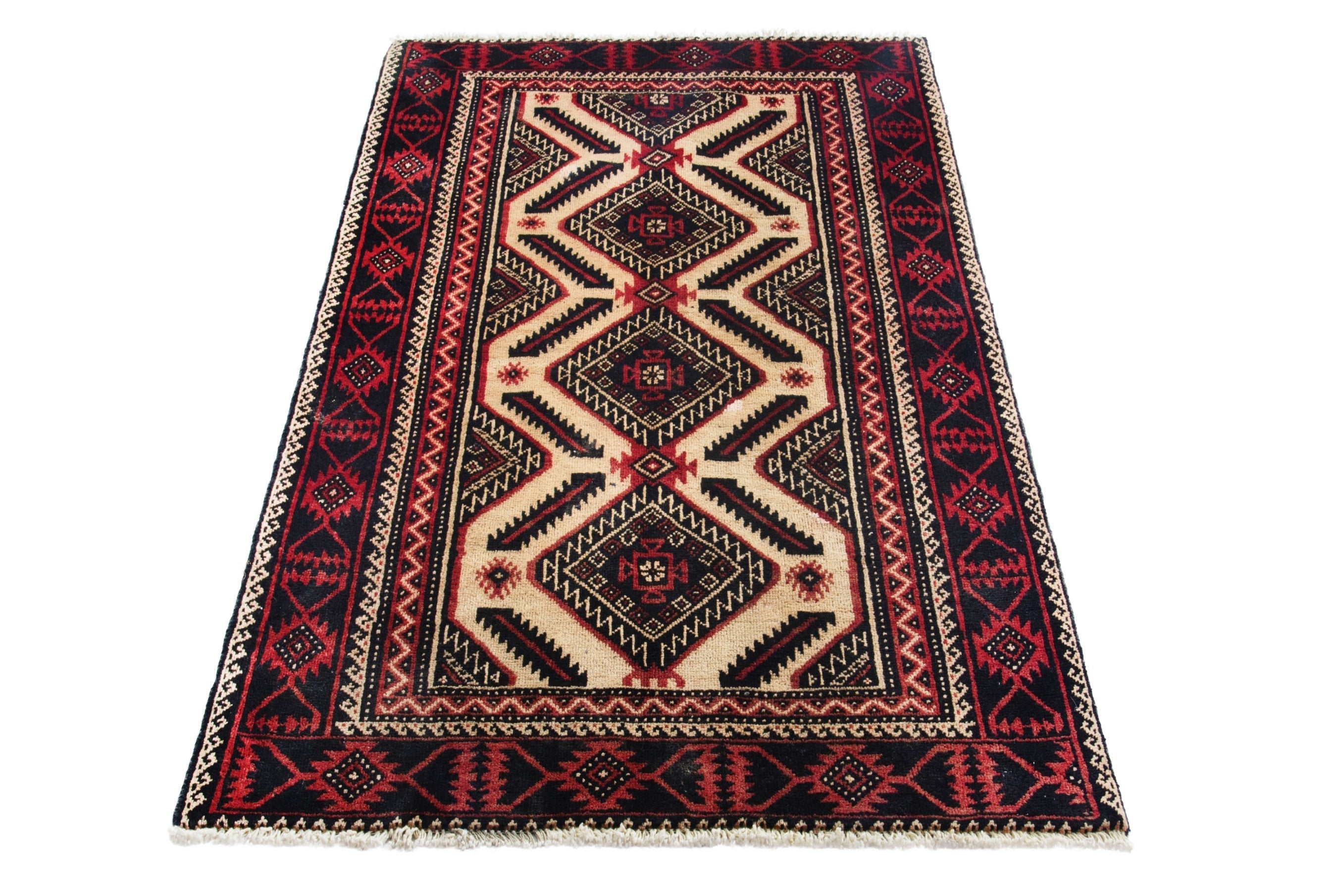 Persian Torkaman accent rug in deep red and cream, view 2 of 18