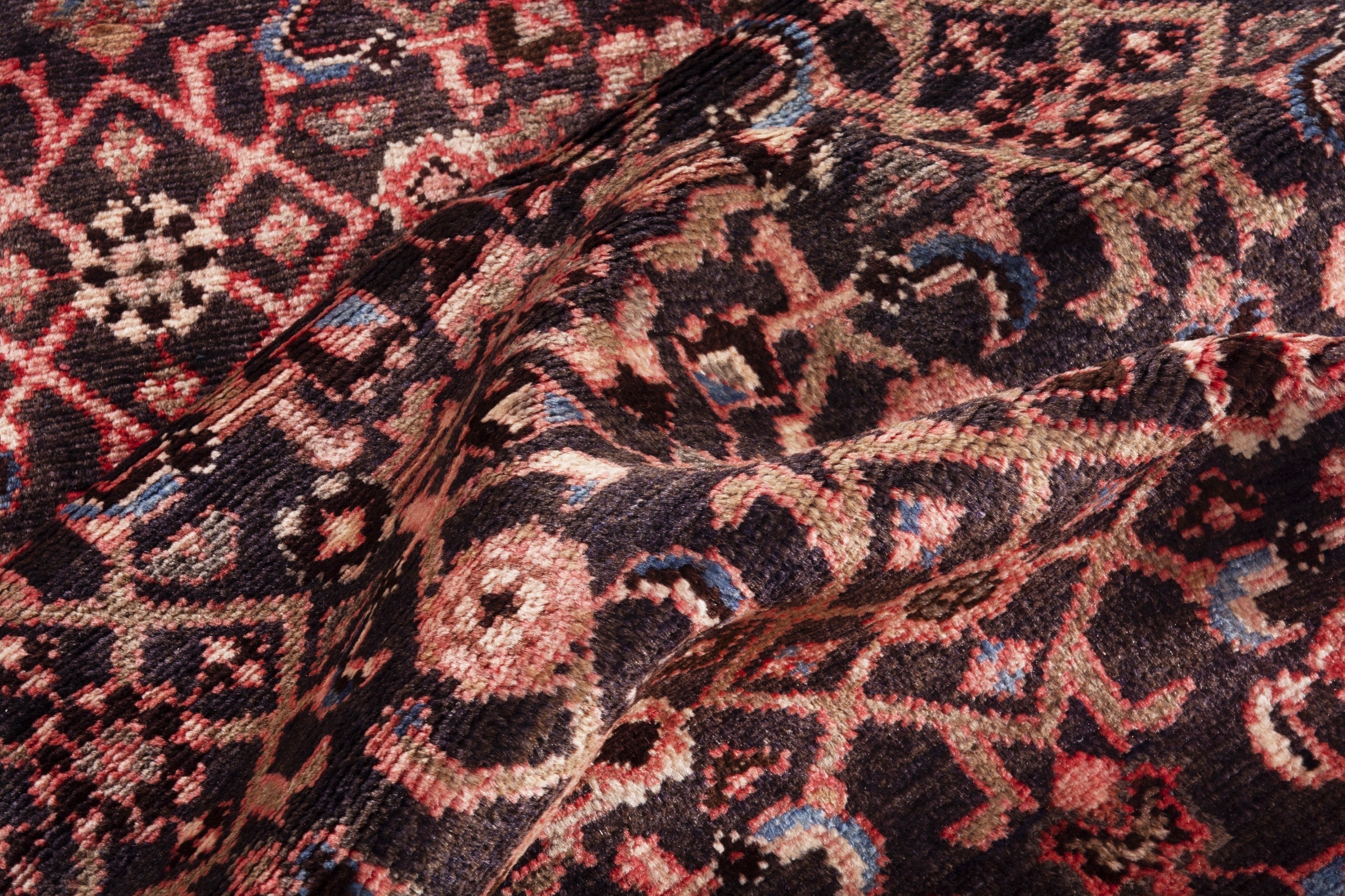 Persian Hamedan runner rug in burgundy and muted pink, view 17 of 20