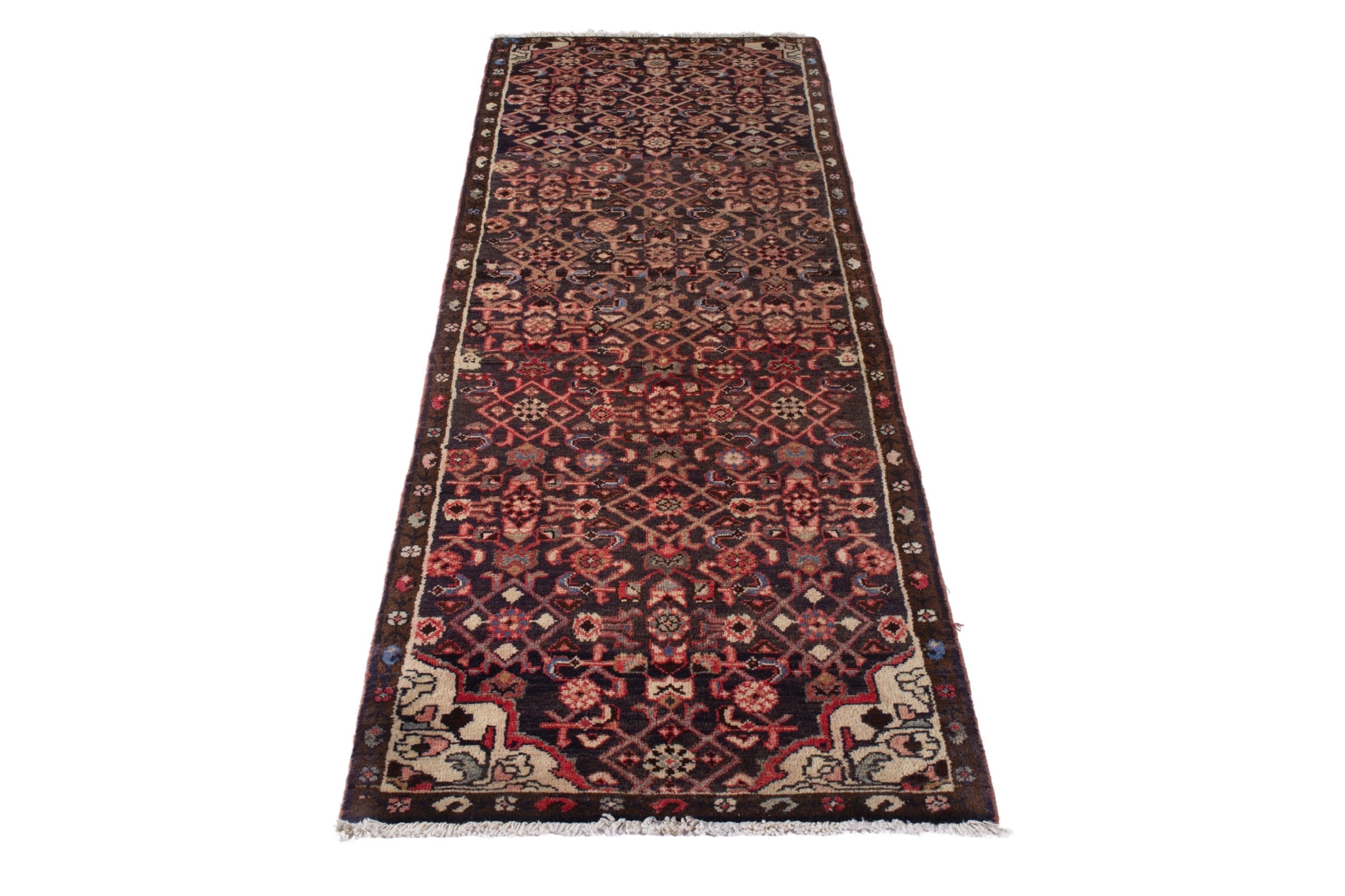 Persian Hamedan runner rug in burgundy and muted pink, view 2 of 20