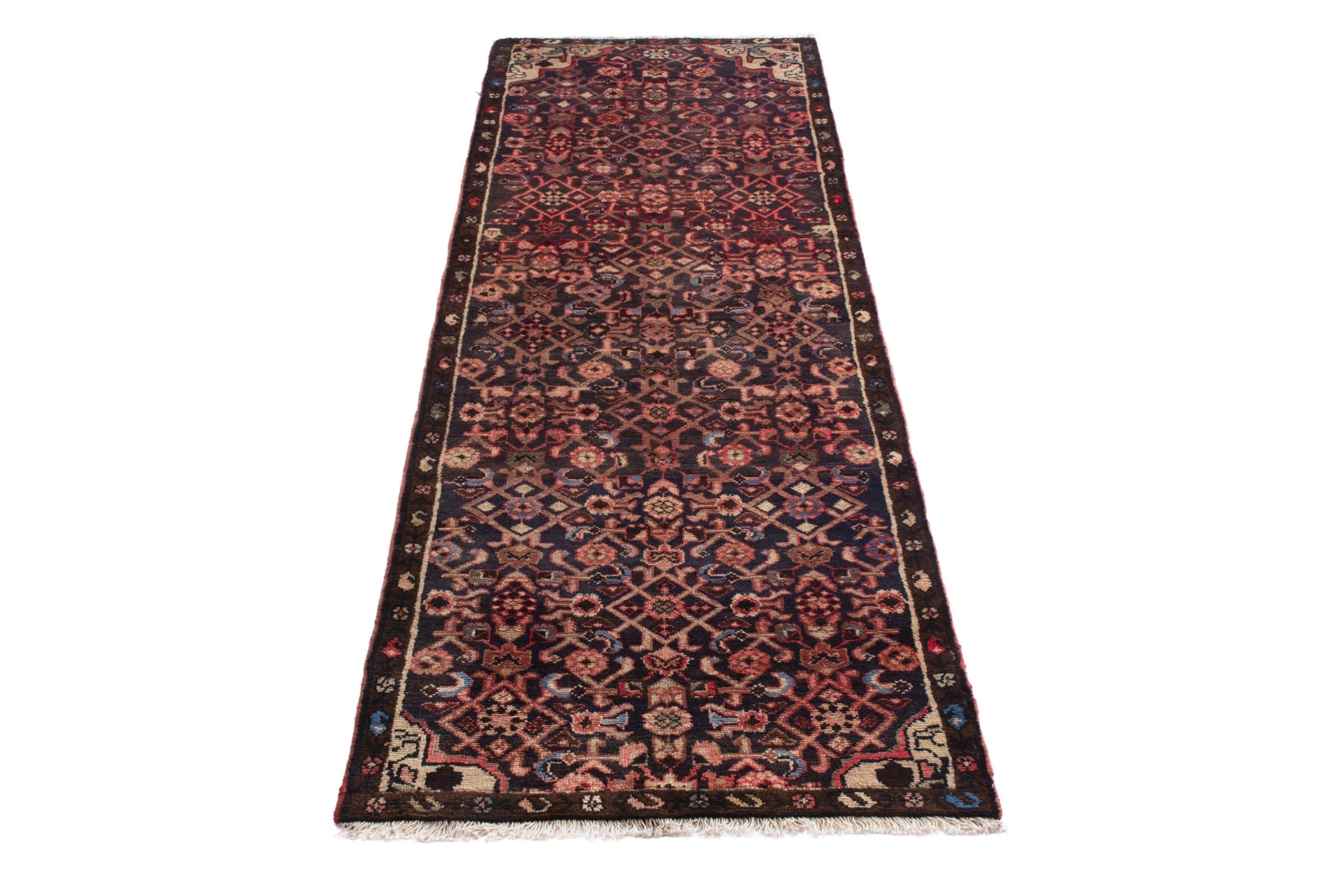 Persian Hamedan runner rug in burgundy and muted pink, view 3 of 20