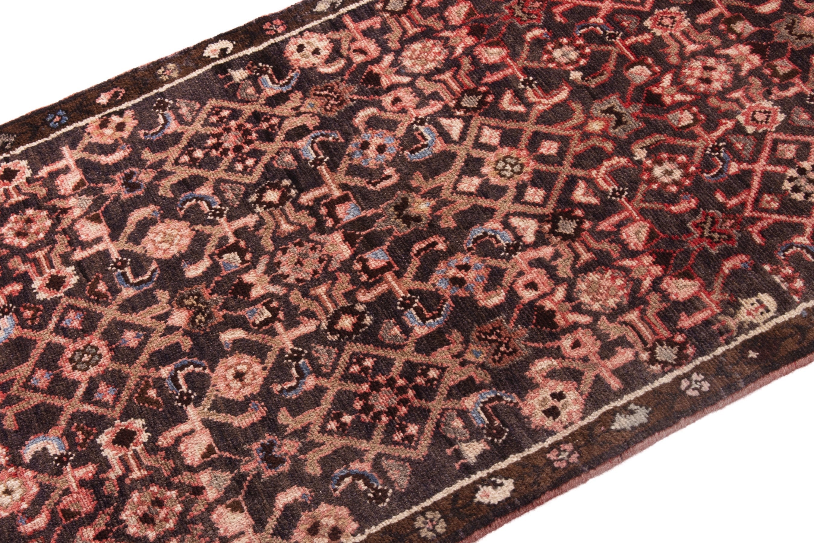 Persian Hamedan runner rug in burgundy and muted pink, view 6 of 20