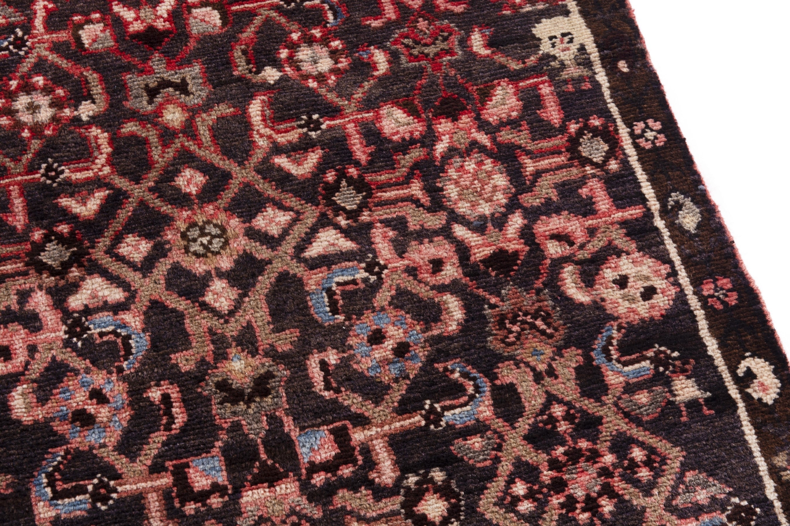 Persian Hamedan runner rug in burgundy and muted pink, view 7 of 20