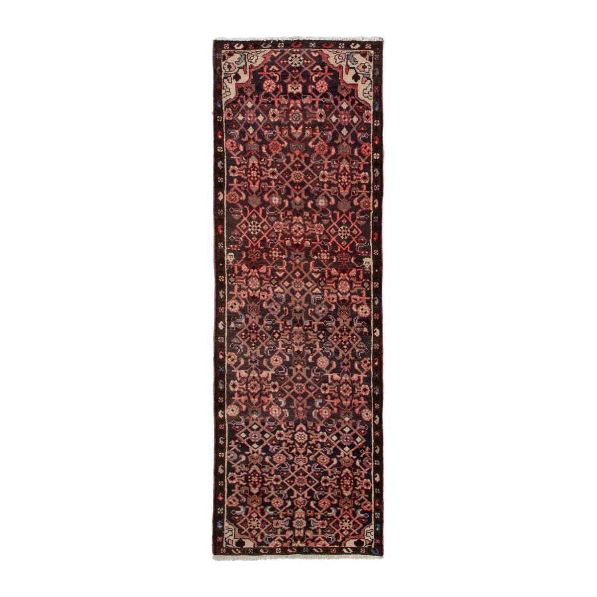 Persian Hamedan runner rug in burgundy and muted pink, 2'7" x 8'7"