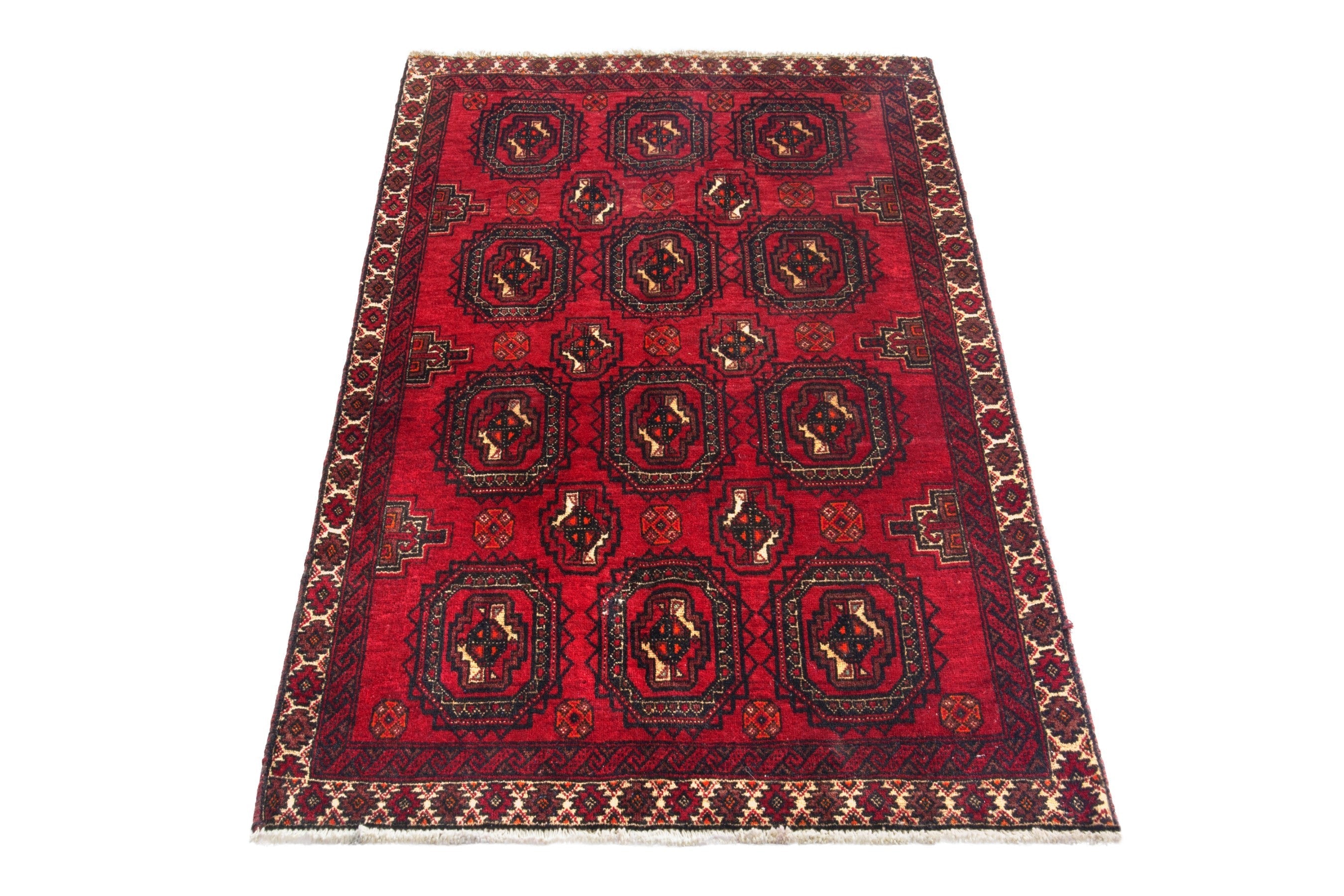 Persian Hamedan accent rug in deep red and dark blue, view 2 of 18