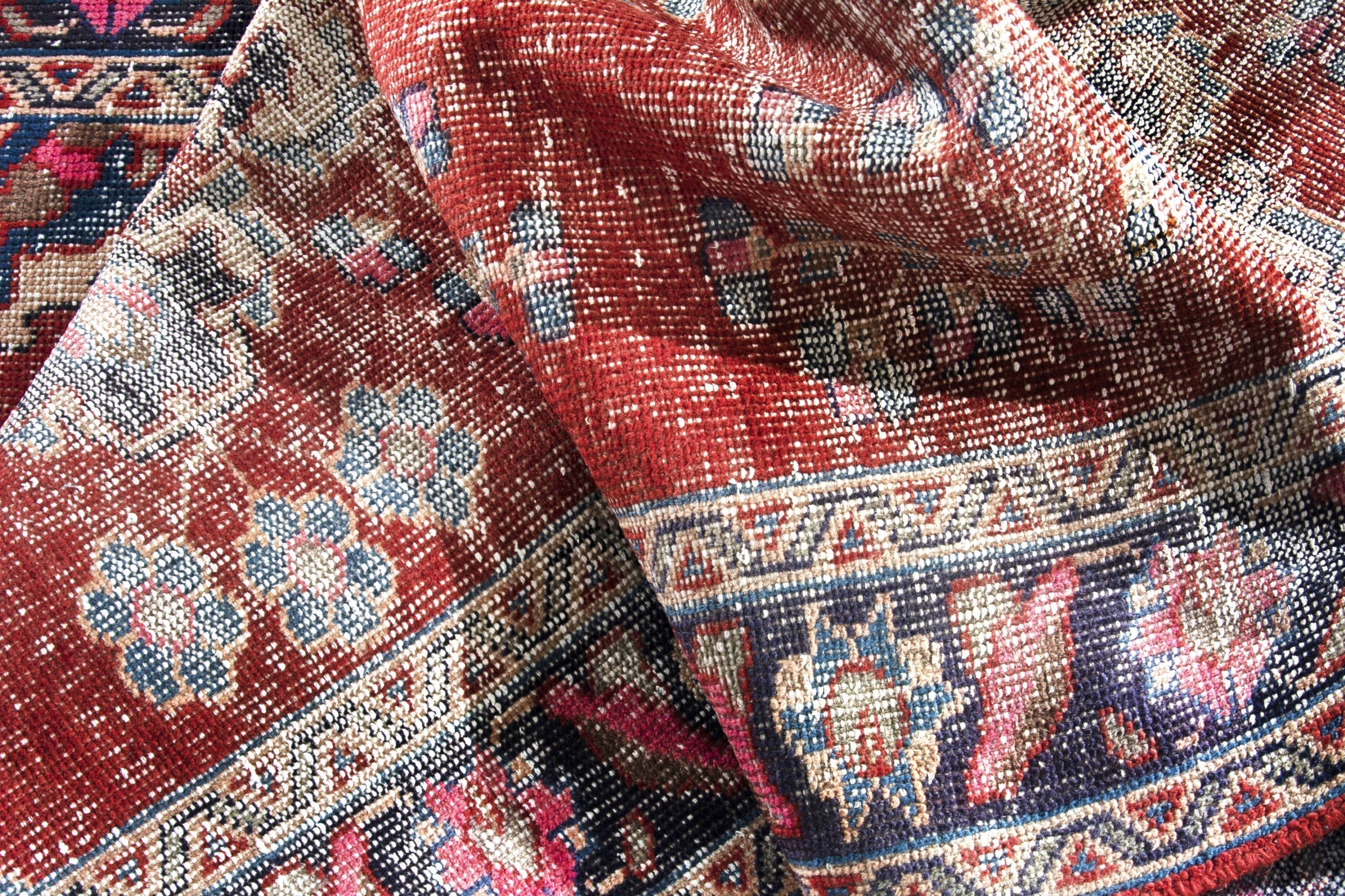 Persian Ferdos runner rug in faded red and navy, view 17 of 18