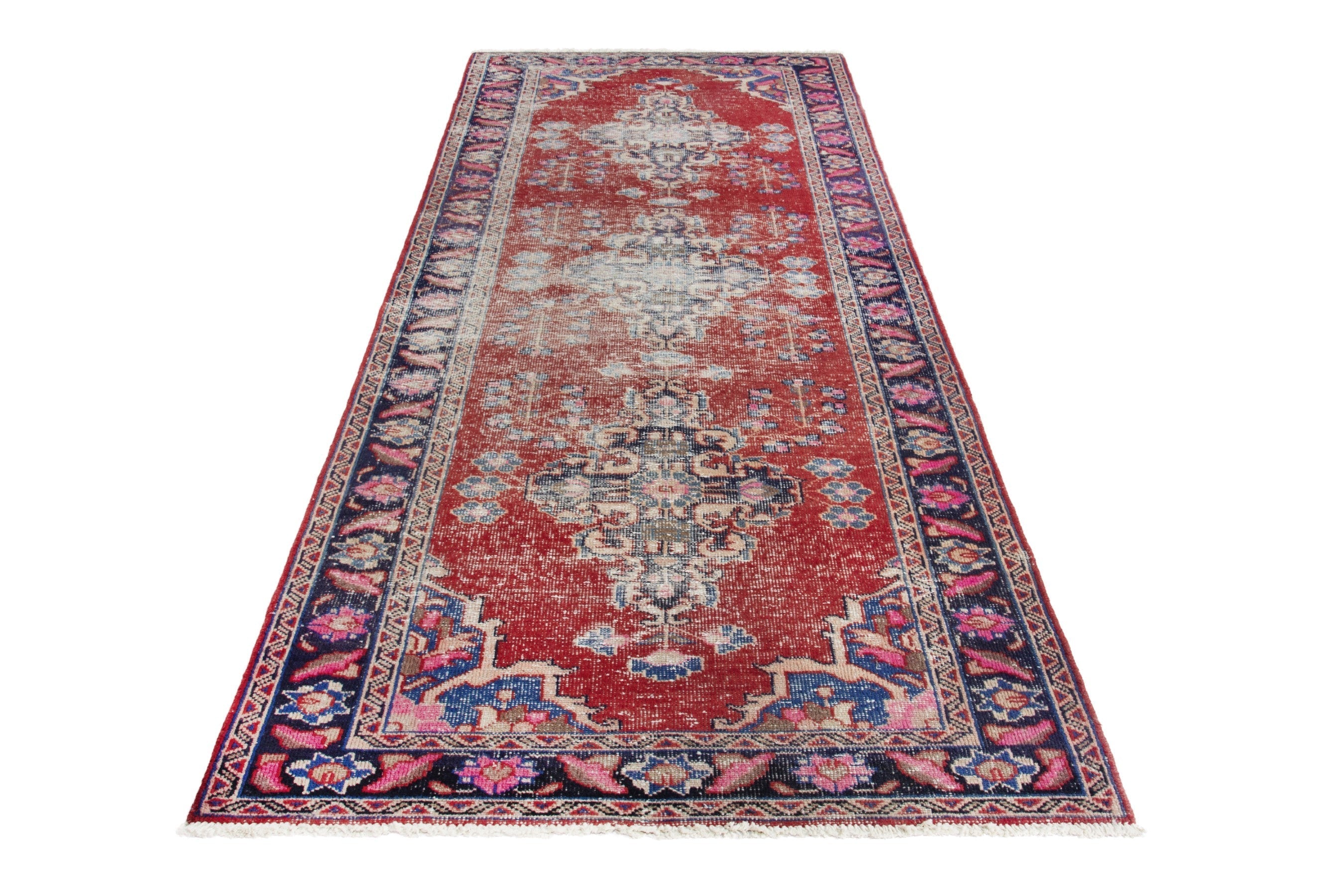 Persian Ferdos runner rug in faded red and navy, view 2 of 18