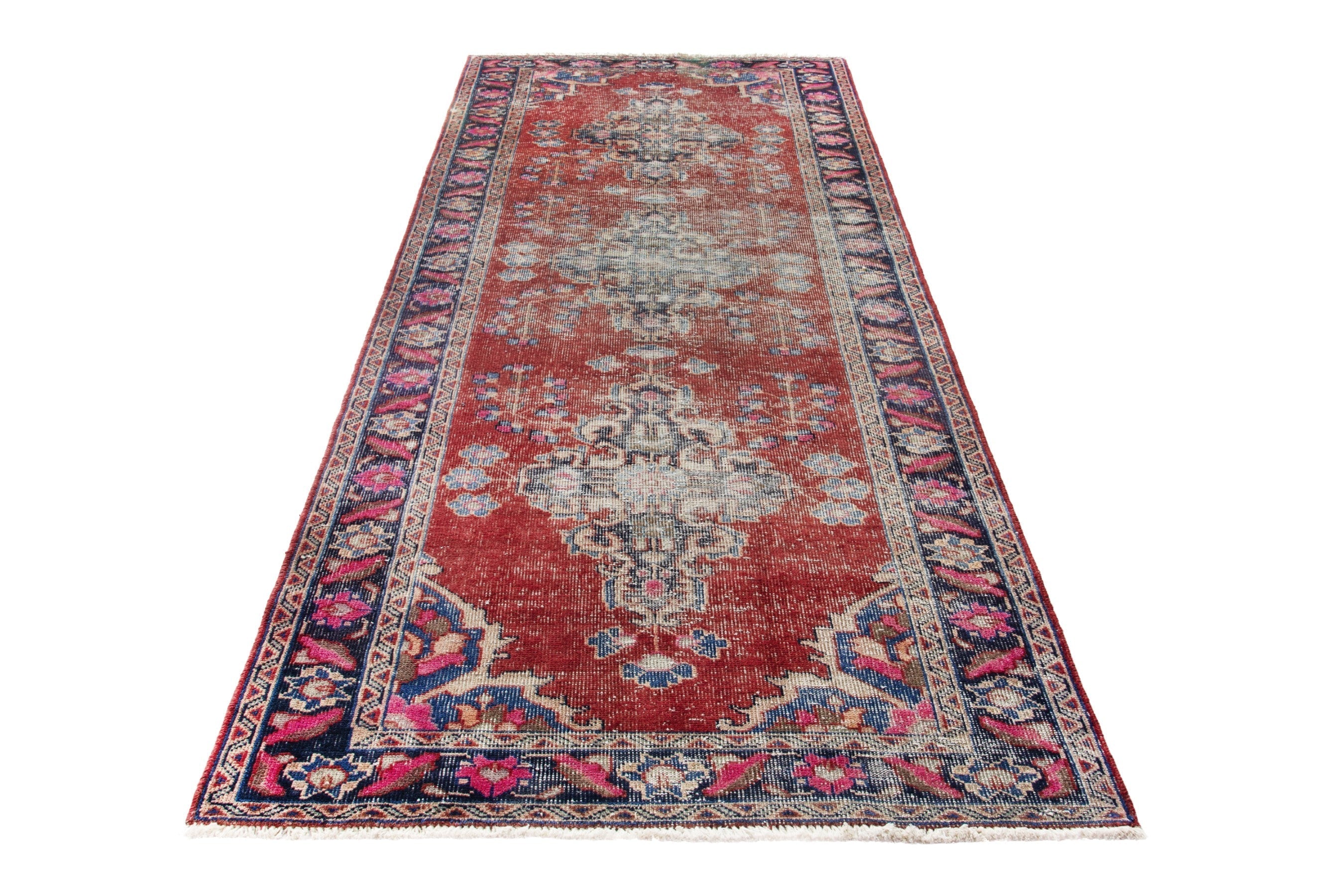 Persian Ferdos runner rug in faded red and navy, view 3 of 18