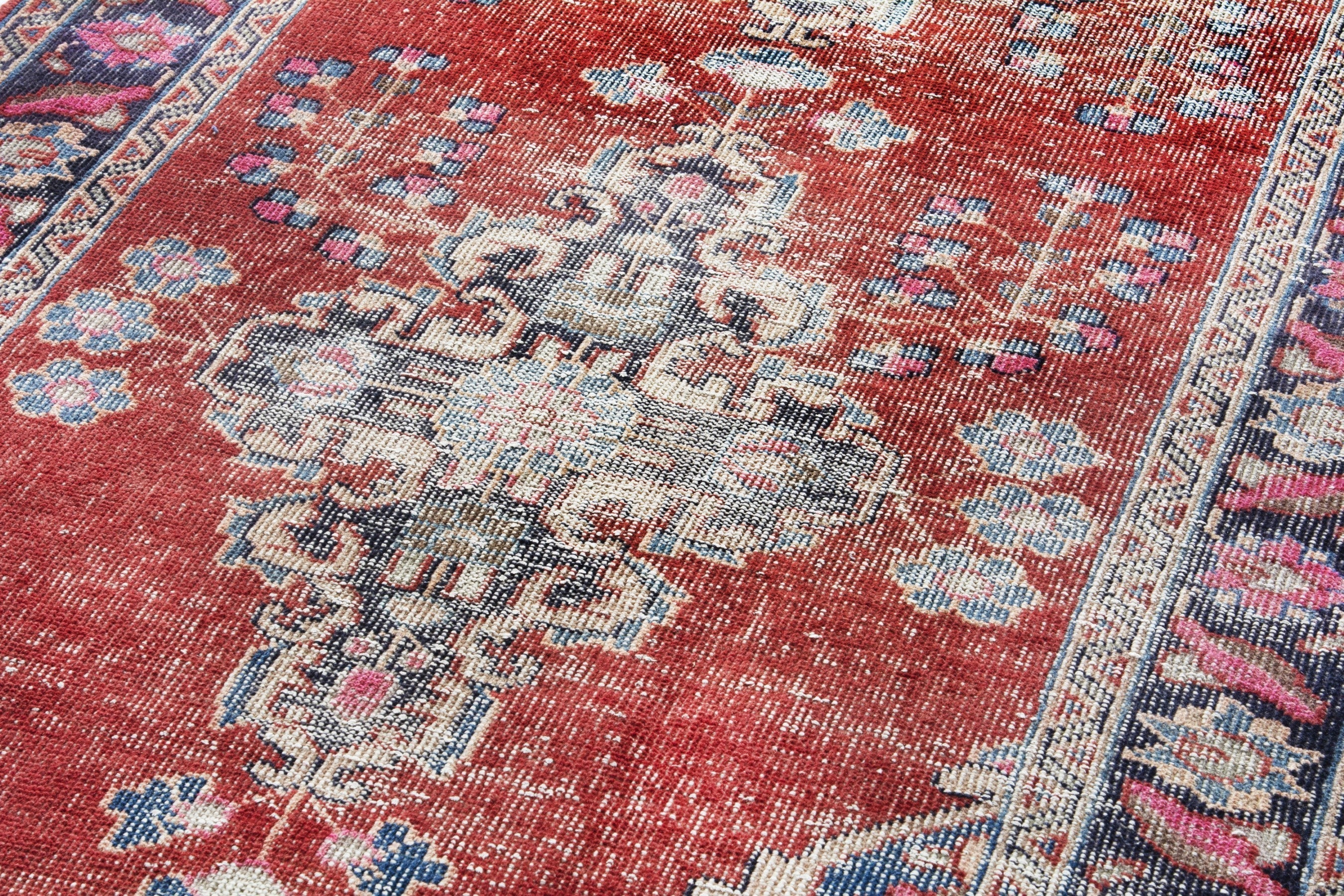 Persian Ferdos runner rug in faded red and navy, view 9 of 18