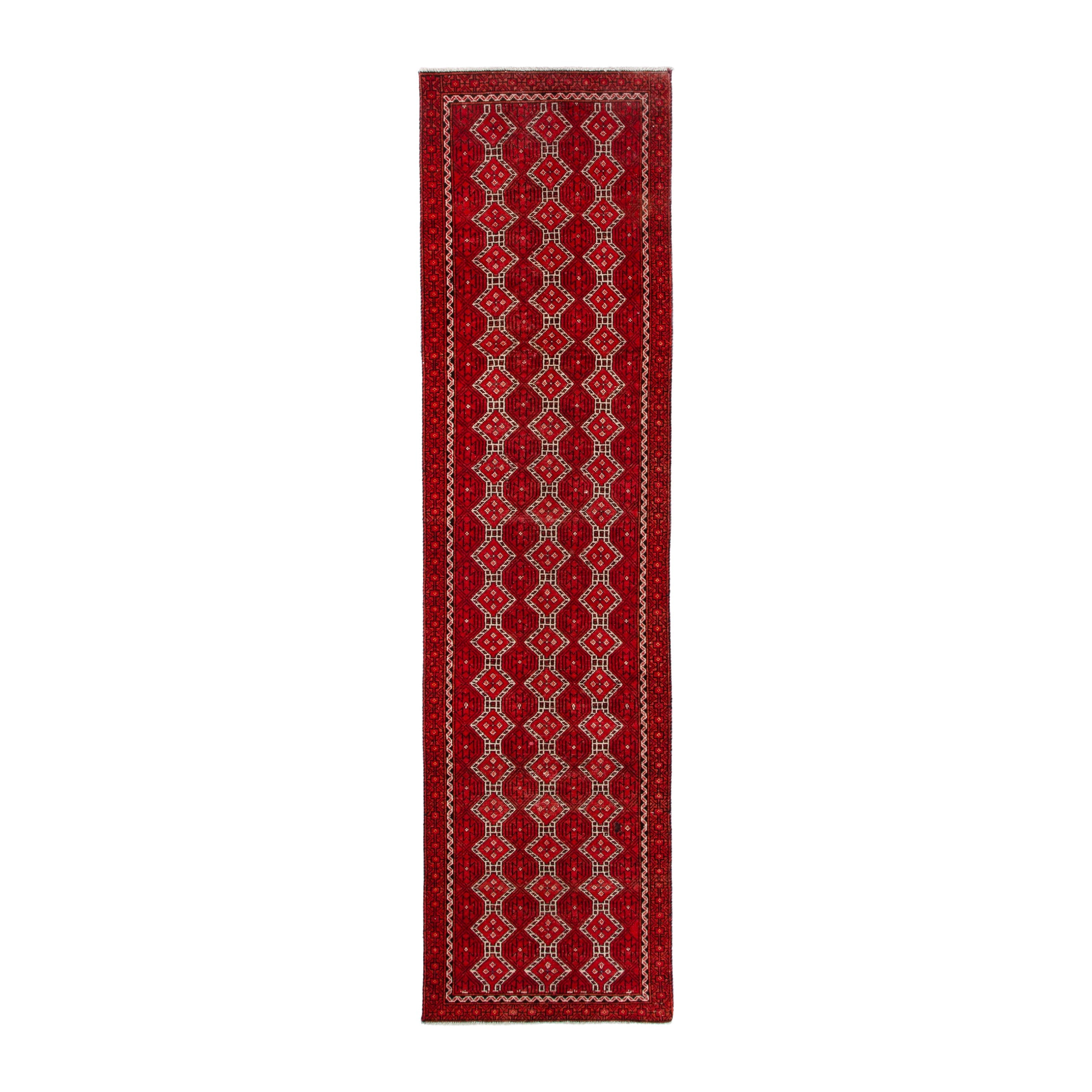 Persian Baluch runner rug in deep red and cream, 2'7" x 10'7"