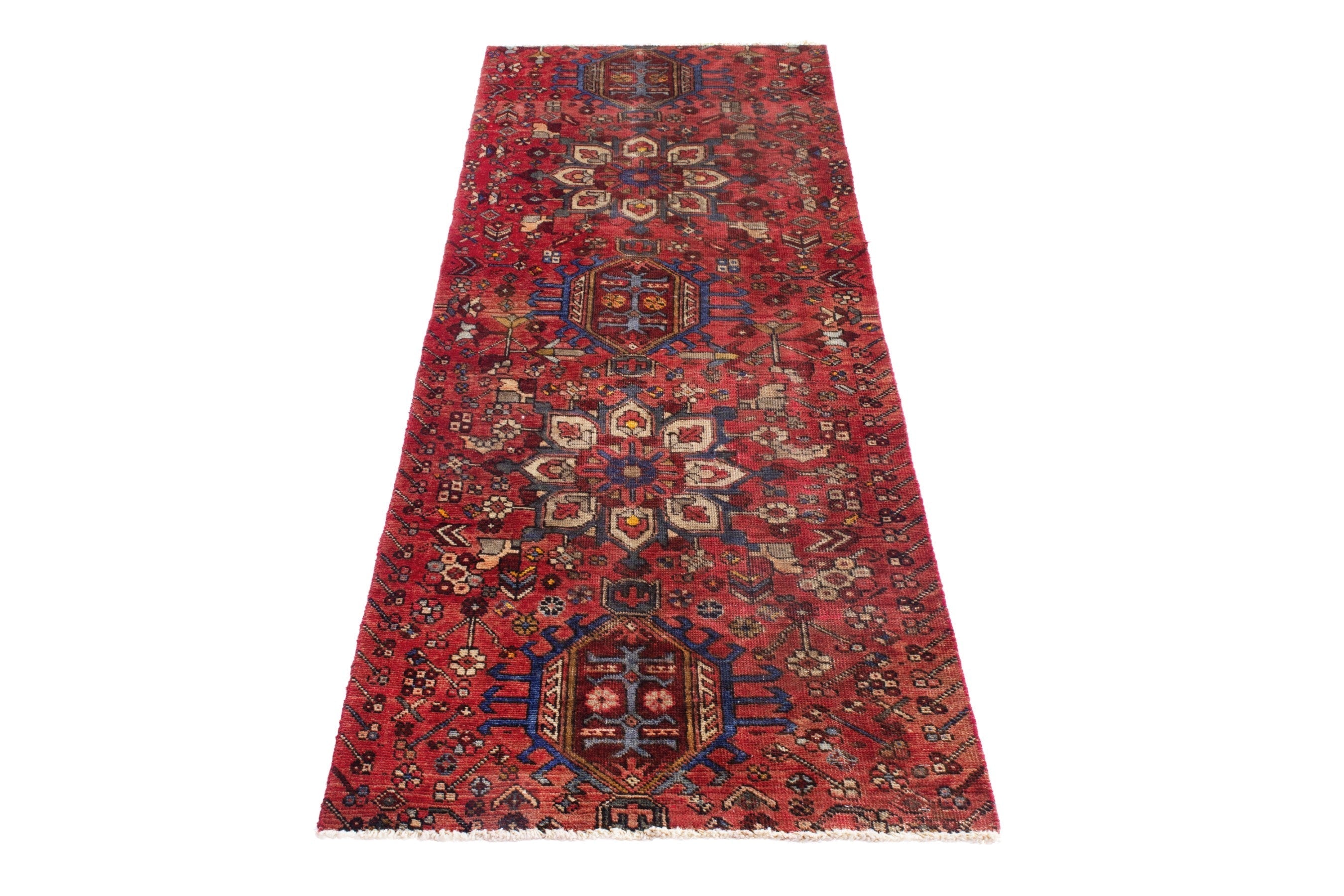 Persian runner rug in deep red and cream, view 3 of 15