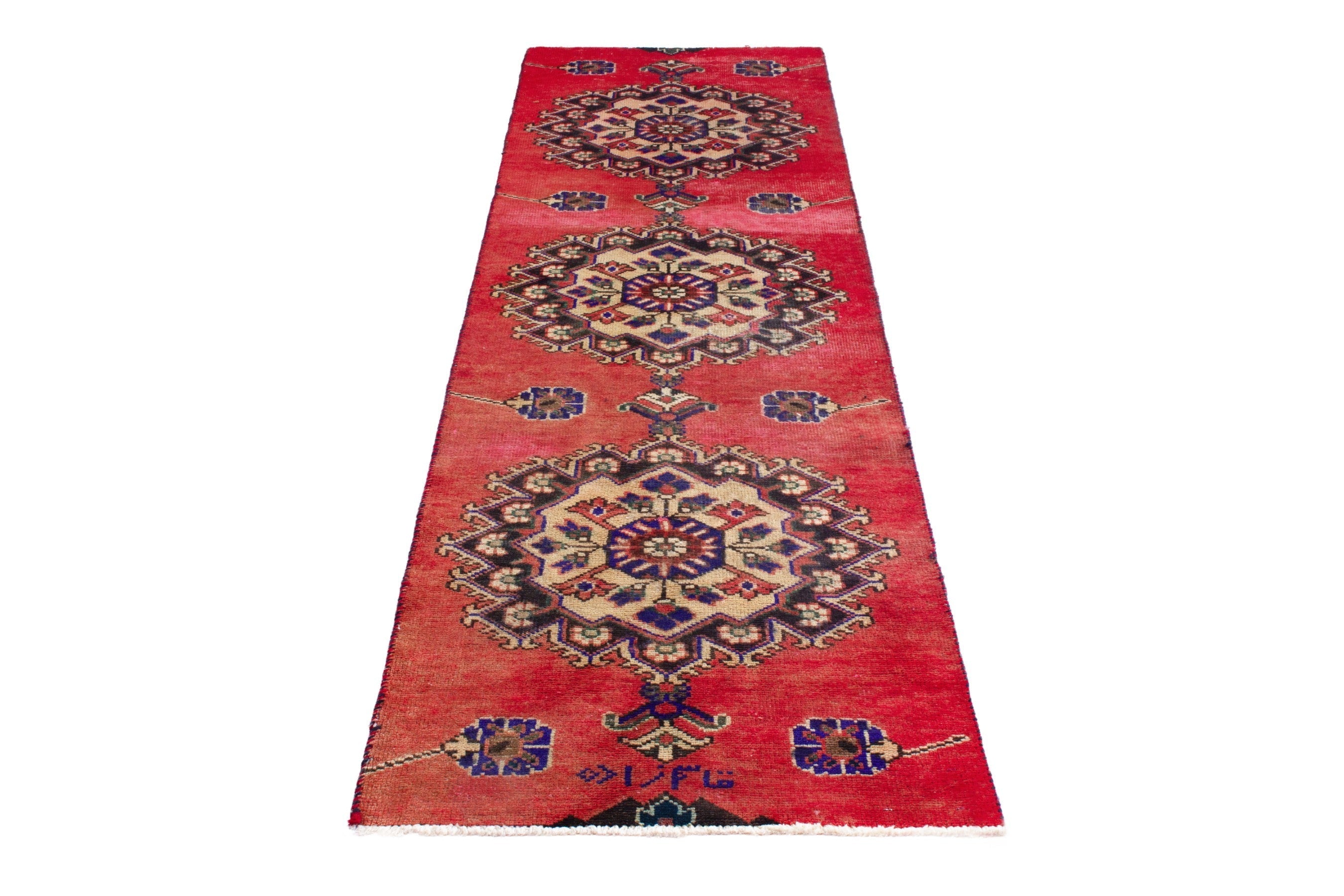 Persian Ferdos runner rug in deep red and muted pink, view 2 of 20