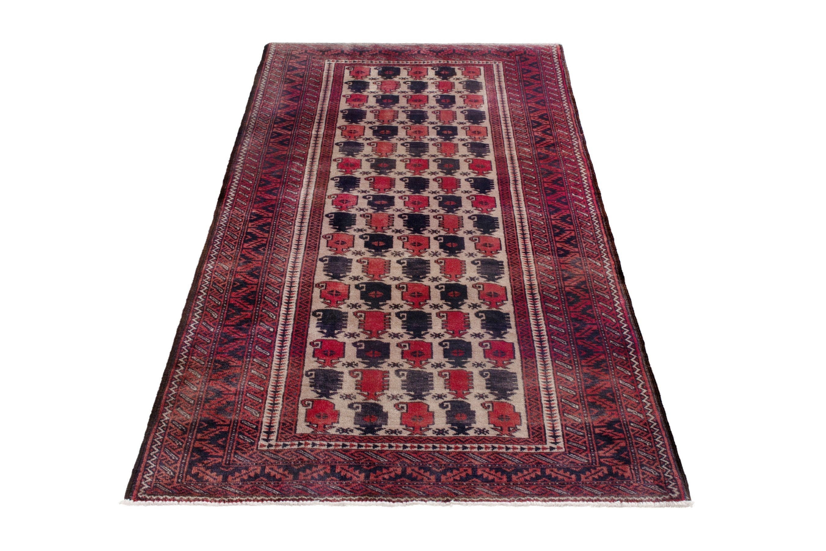 Persian Baluch runner rug in cream and burgundy, view 3 of 14