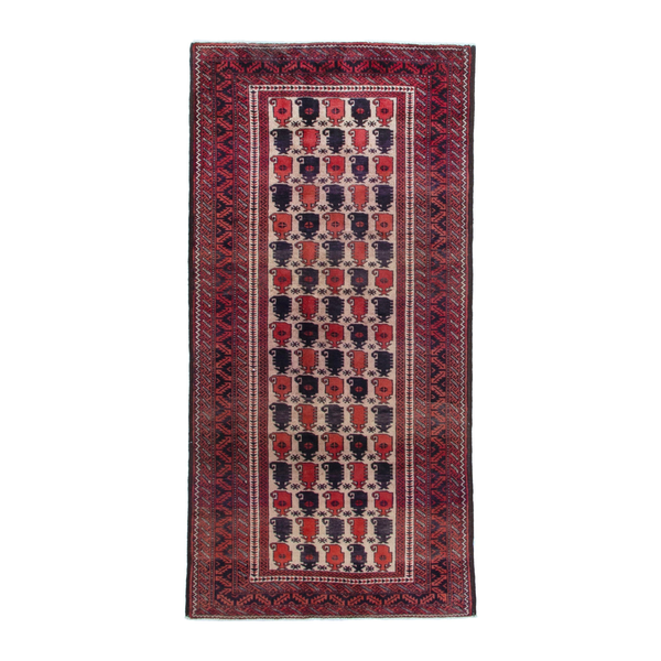 Persian Baluch runner rug in cream and burgundy, 3'3" x 6'7"