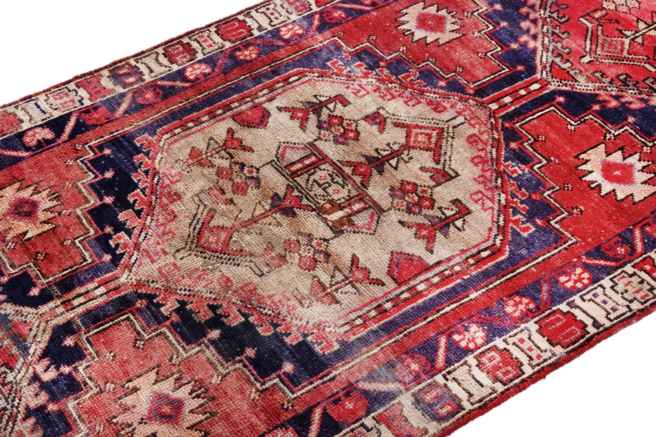 Persian Azerbaijan runner rug in deep red and cream, view 6 of 18