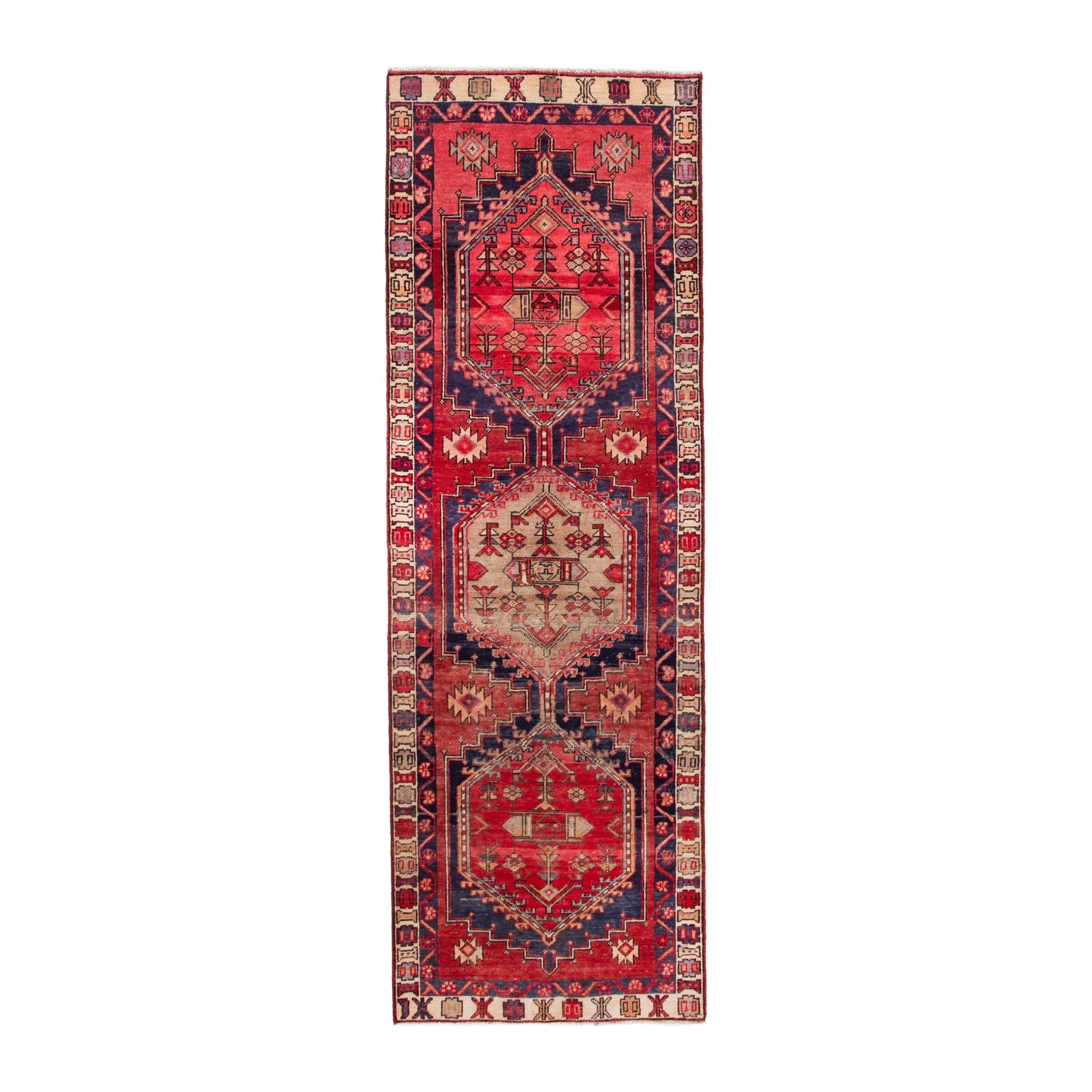 Persian Azerbaijan runner rug in deep red and cream, 3'3" x 9'7"
