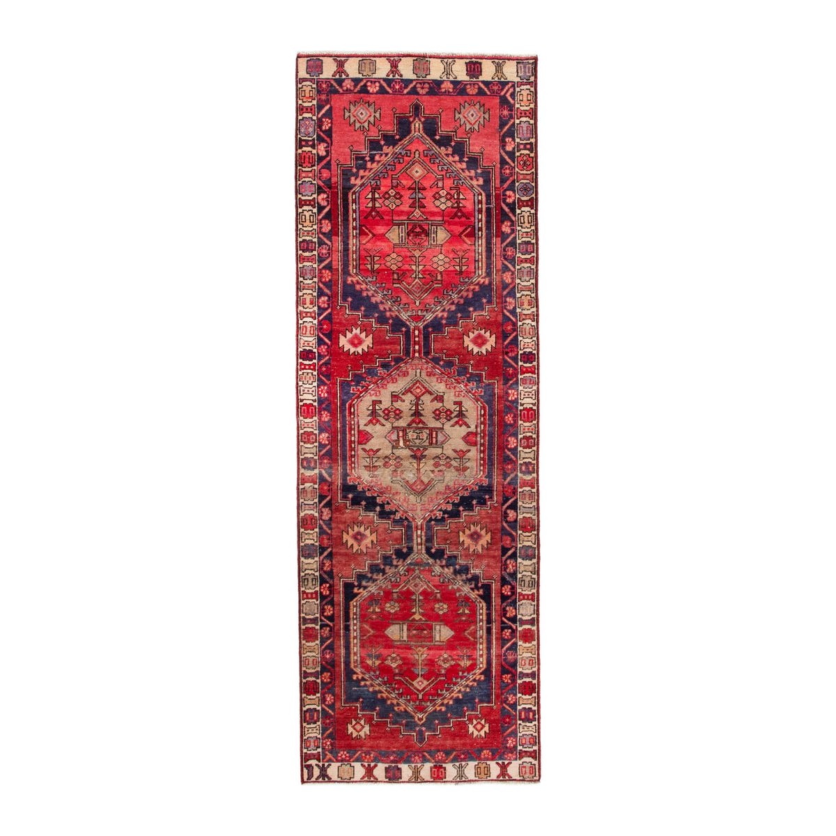 Persian Azerbaijan runner rug in deep red and cream, 3'3" x 9'7"