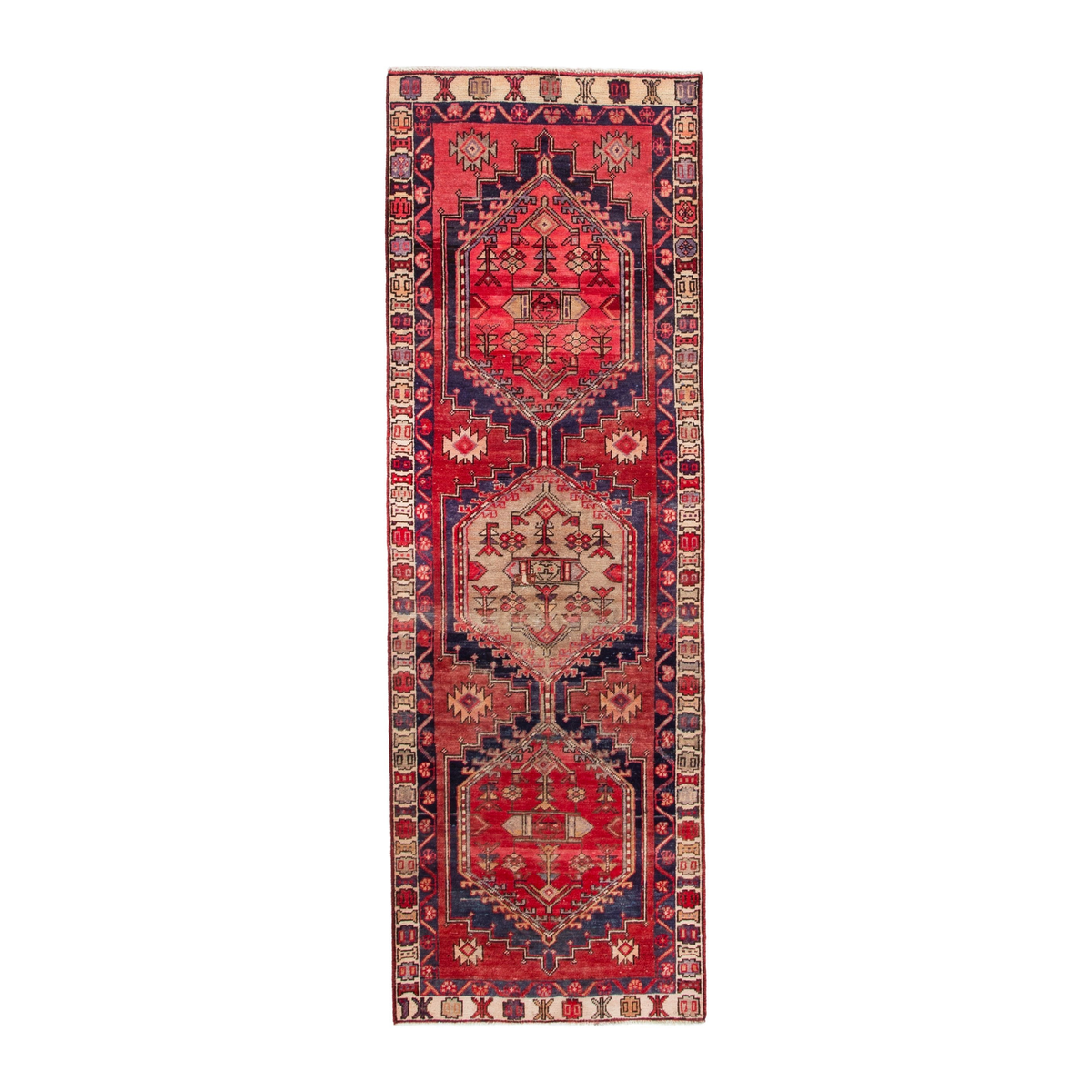 Persian Azerbaijan runner rug in deep red and cream, 3'3" x 9'7"