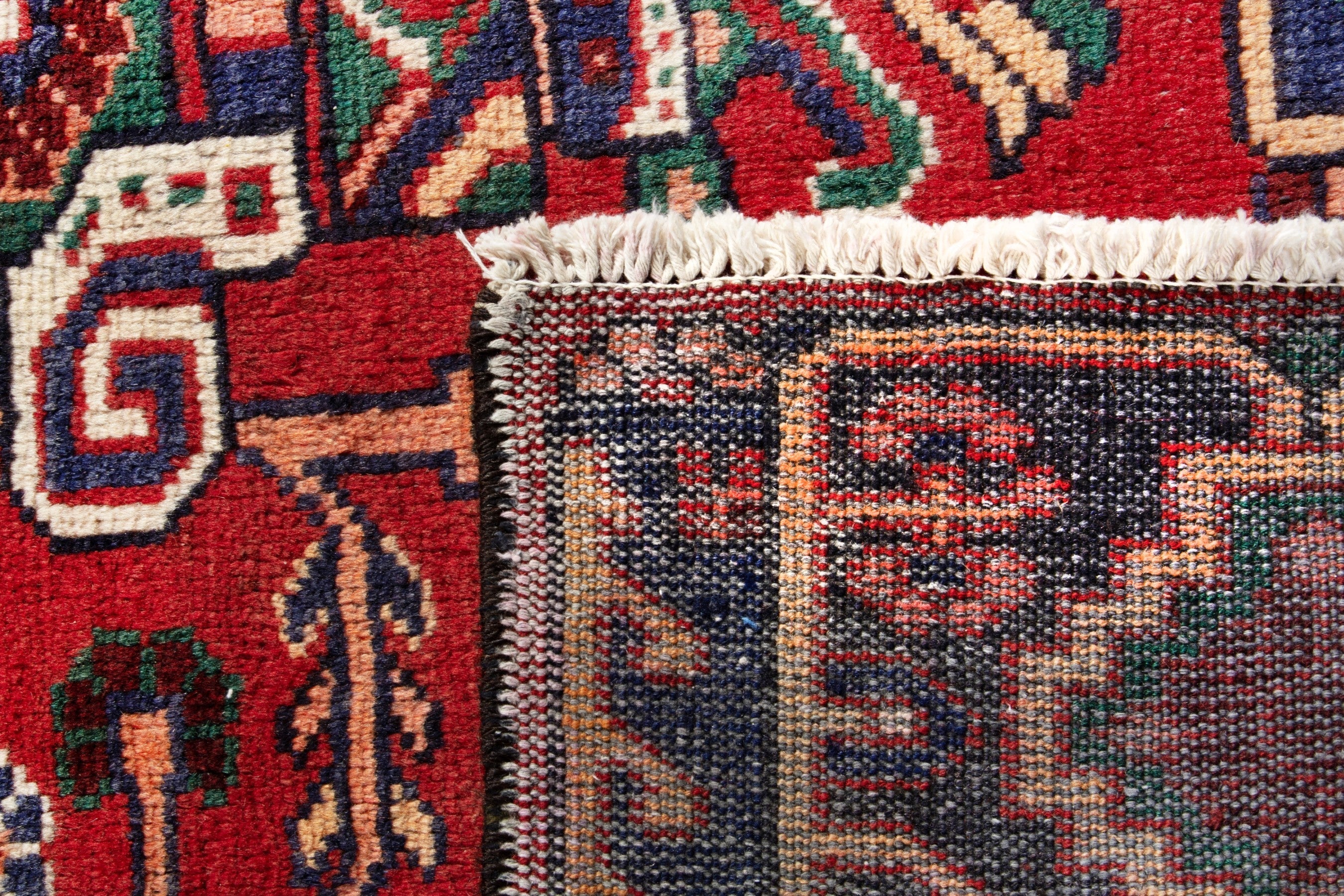 Persian Ferdos area rug in deep red and navy, view 17 of 17