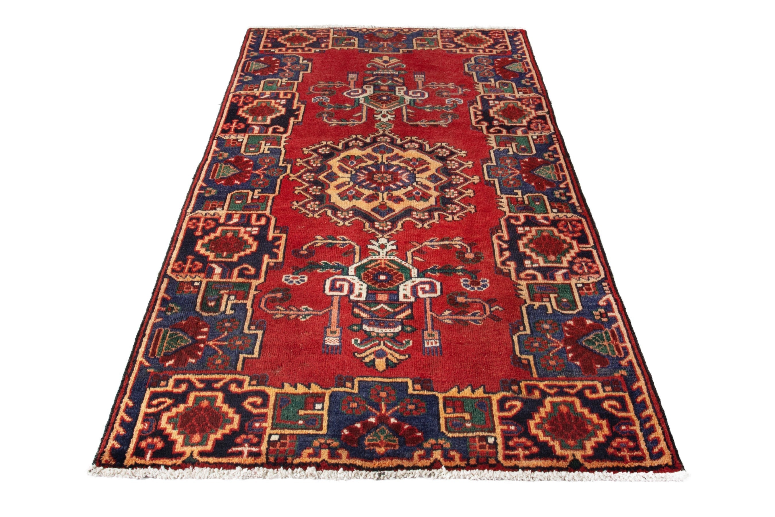 Persian Ferdos area rug in deep red and navy, view 3 of 17