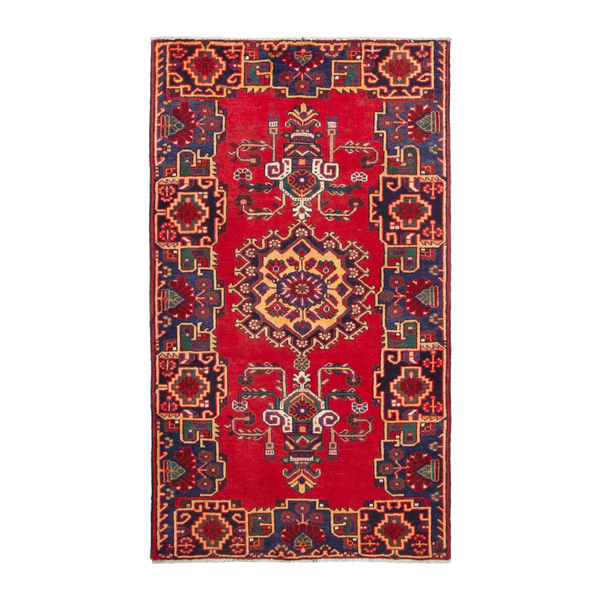 Persian Ferdos area rug in deep red and navy, 4'4" x 7'10"