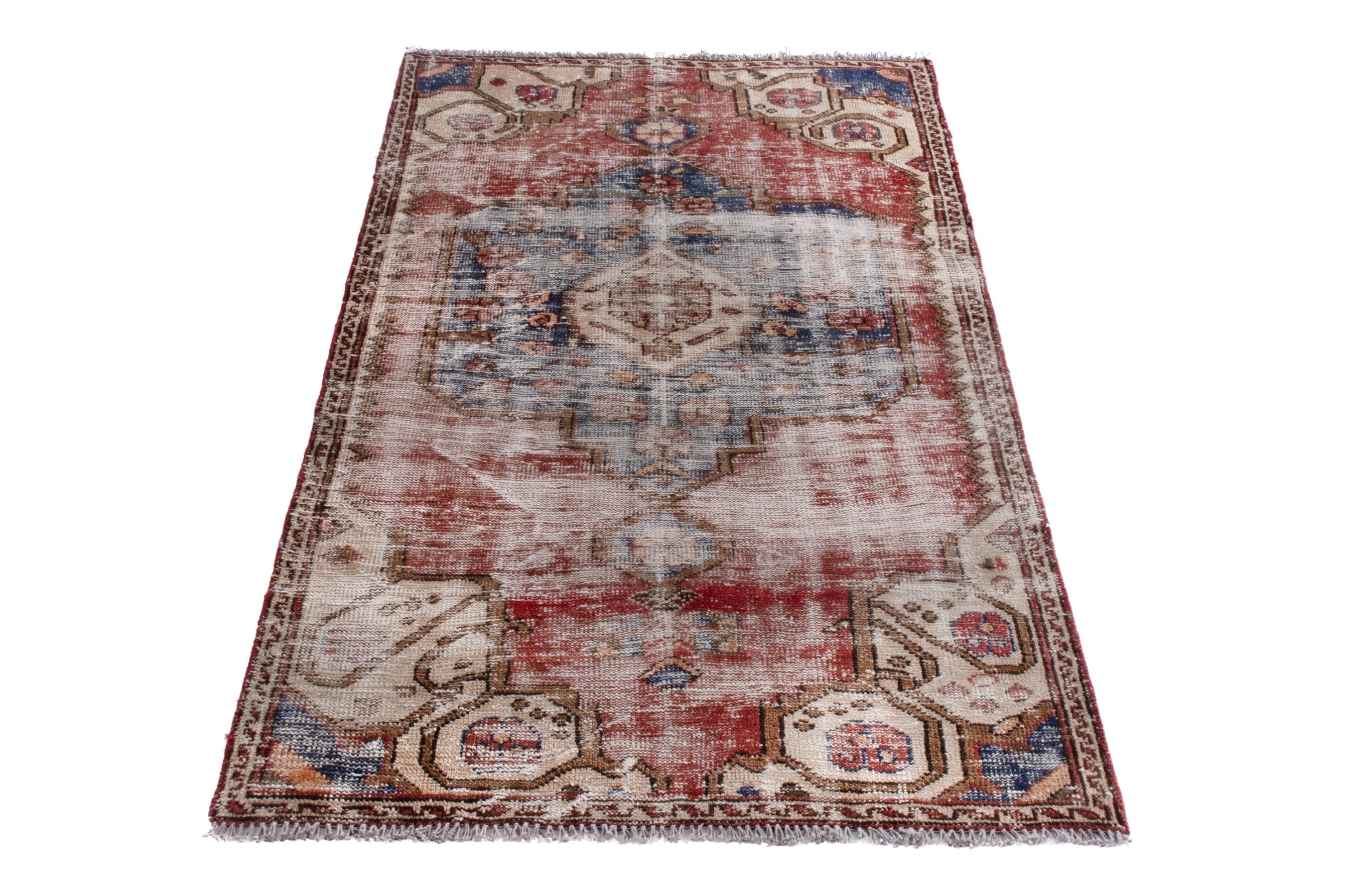 Persian Hamedan accent rug in faded red and cream, view 3 of 18