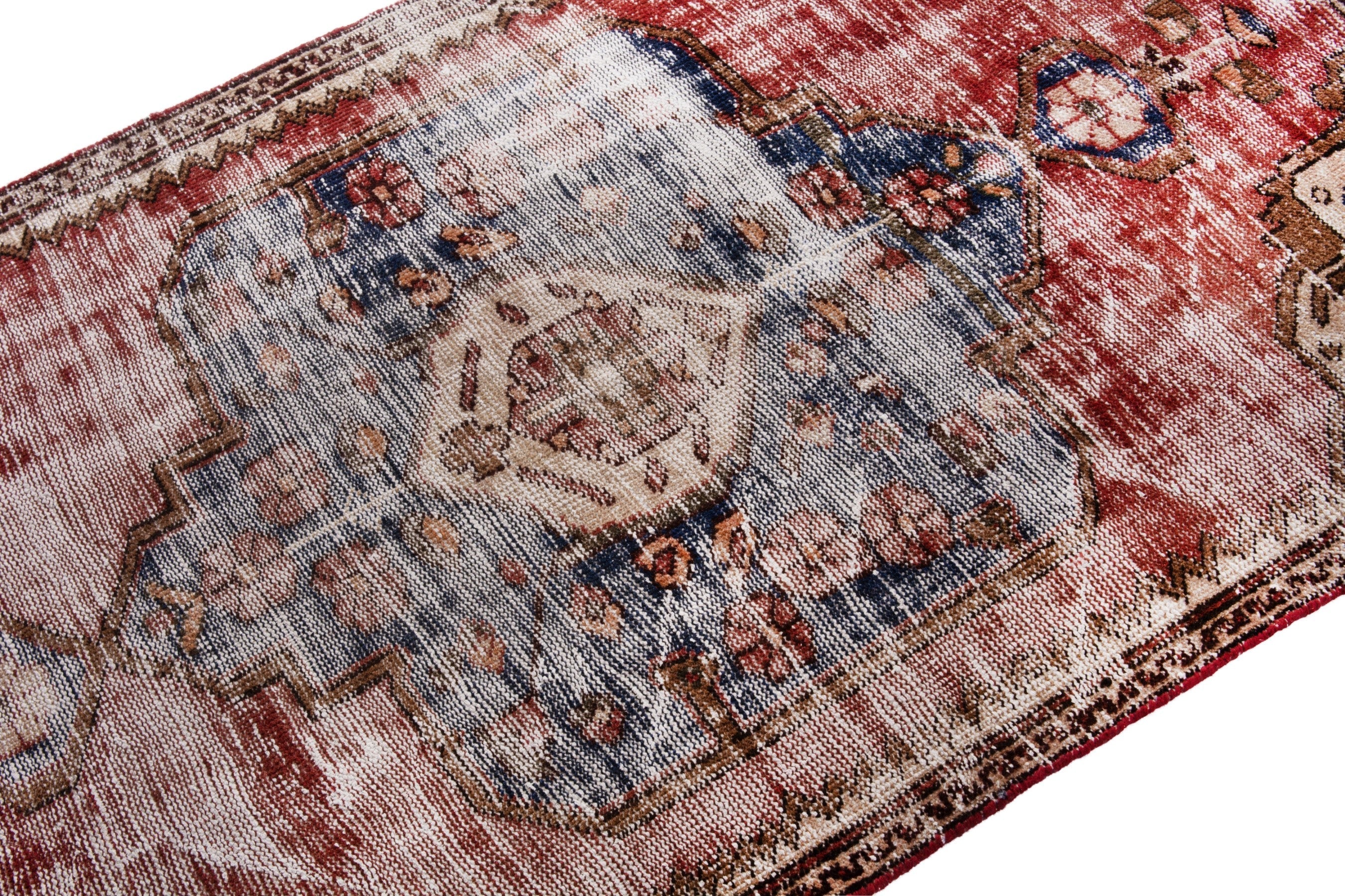 Persian Hamedan accent rug in faded red and cream, view 6 of 18