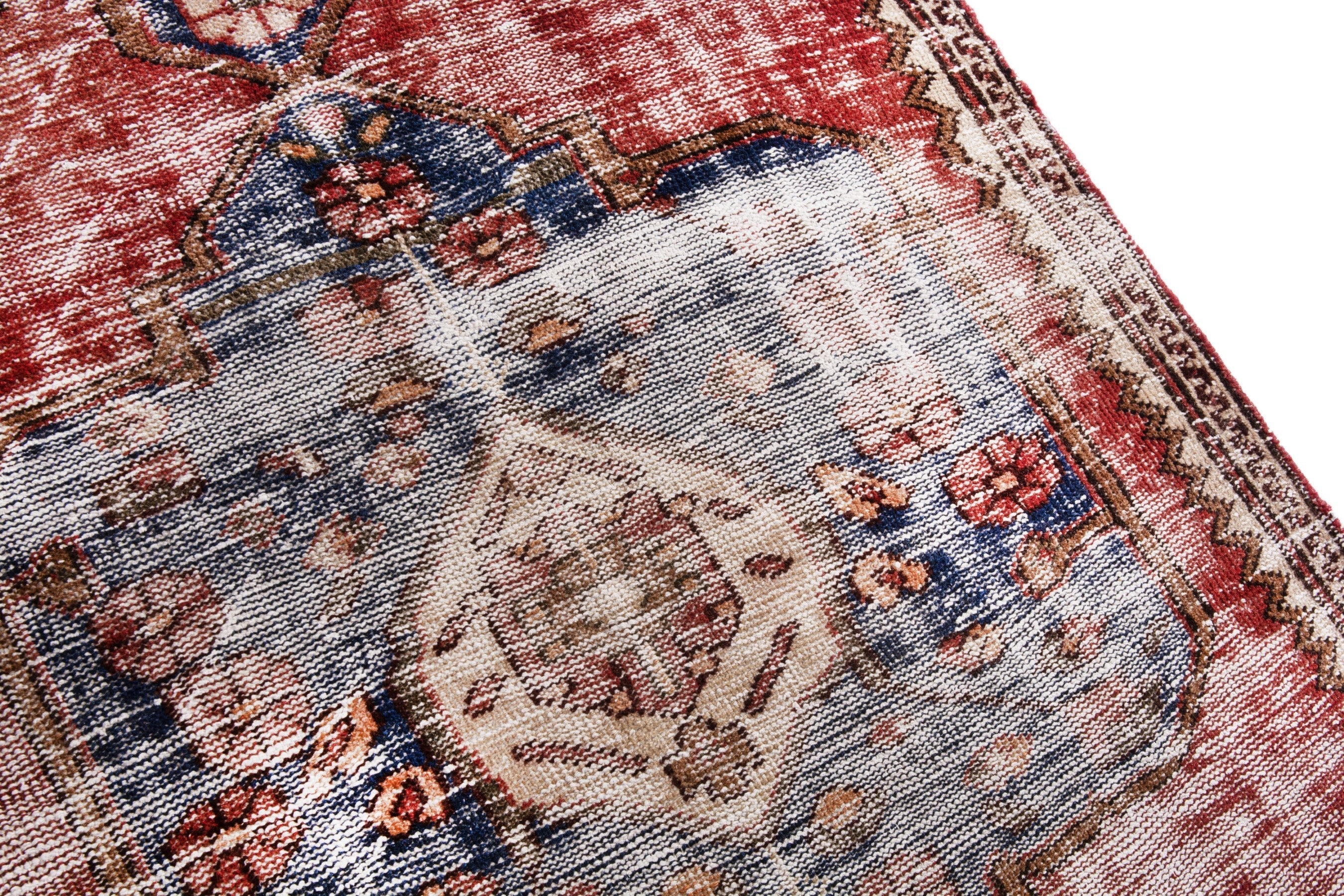 Persian Hamedan accent rug in faded red and cream, view 7 of 18