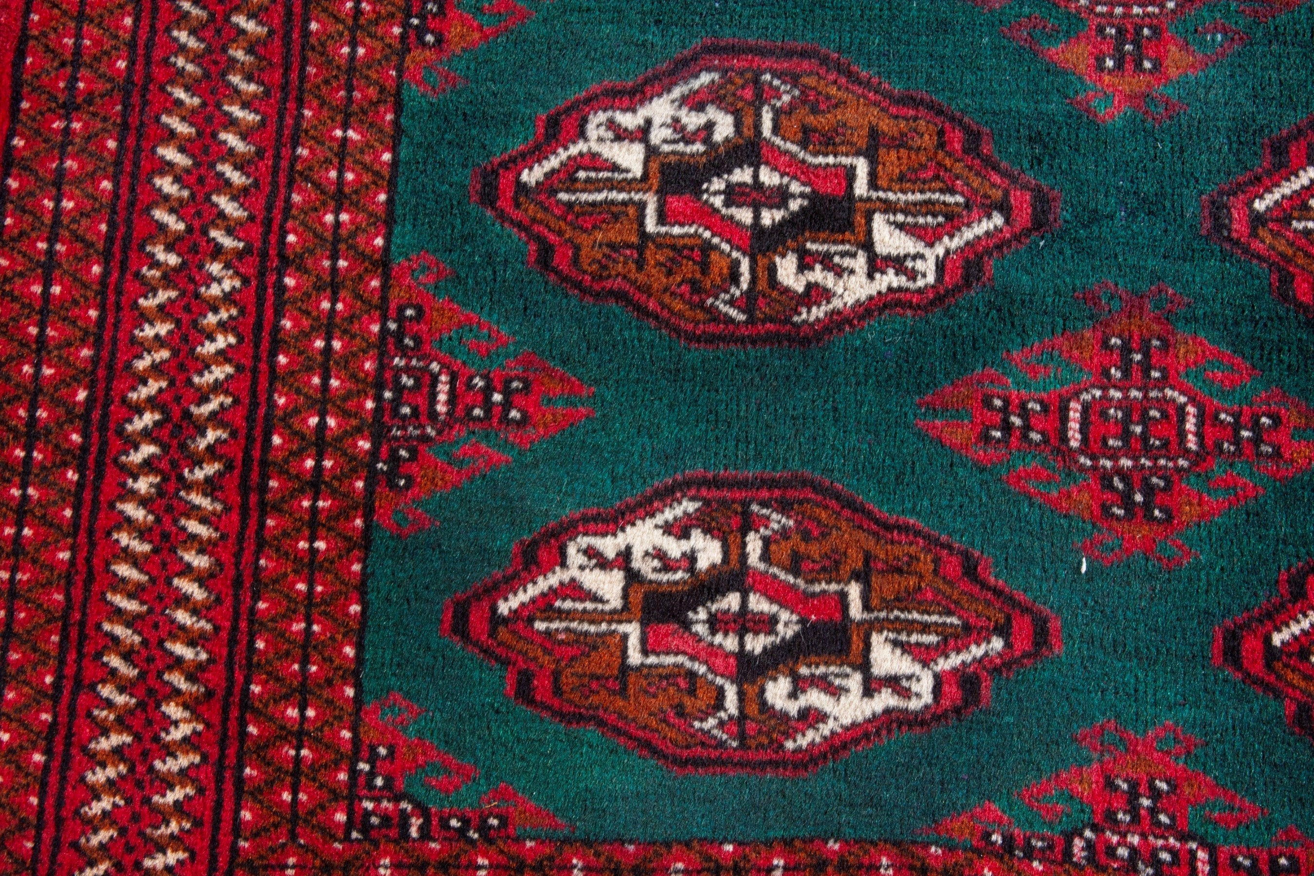 Persian Torkaman accent rug in burgundy and teal, view 10 of 16